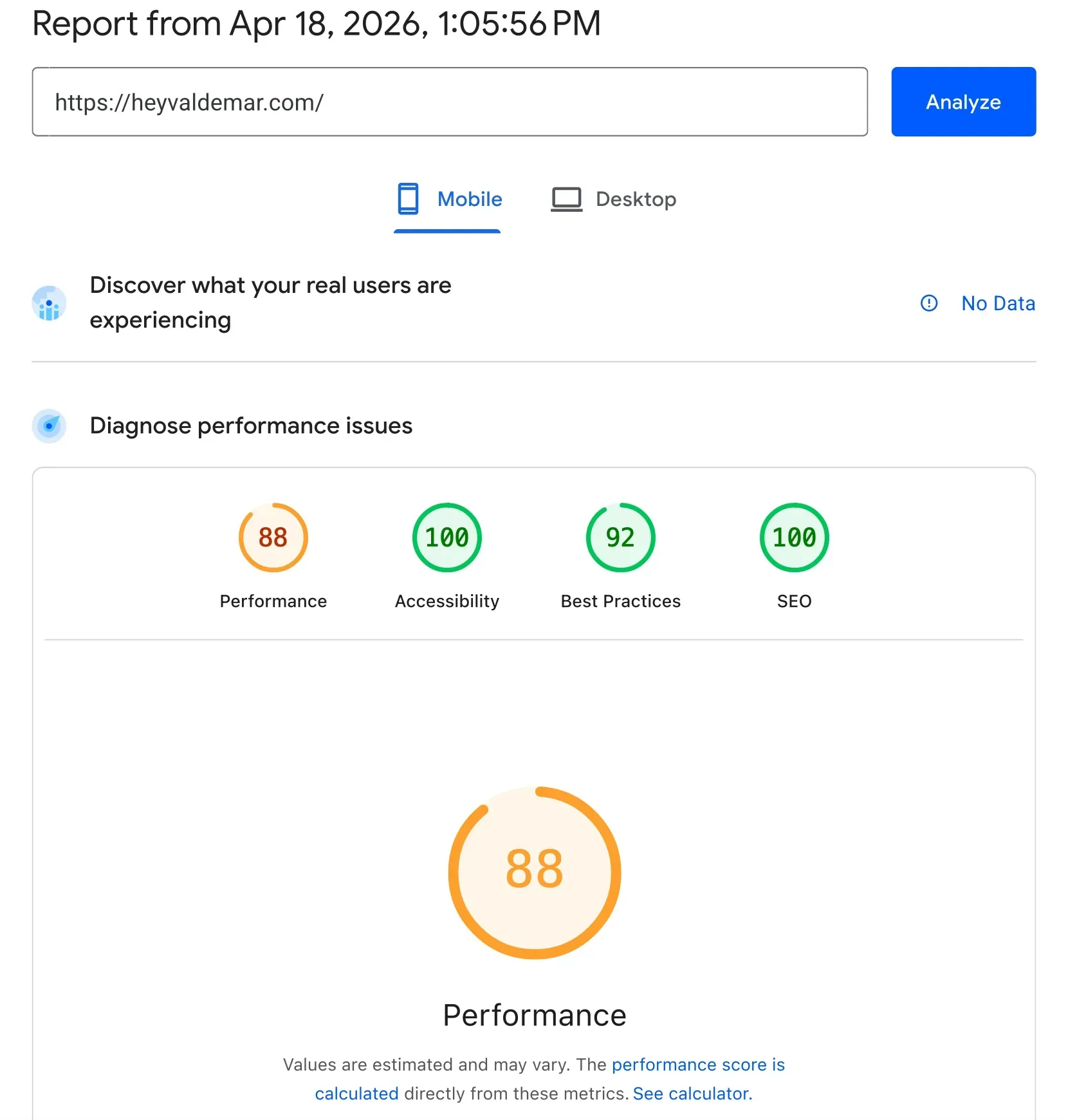 PageSpeed Insights mobile report before Cloudflare Web Analytics migration showing 88 Performance, 100 Accessibility, 92 Best Practices, 100 SEO