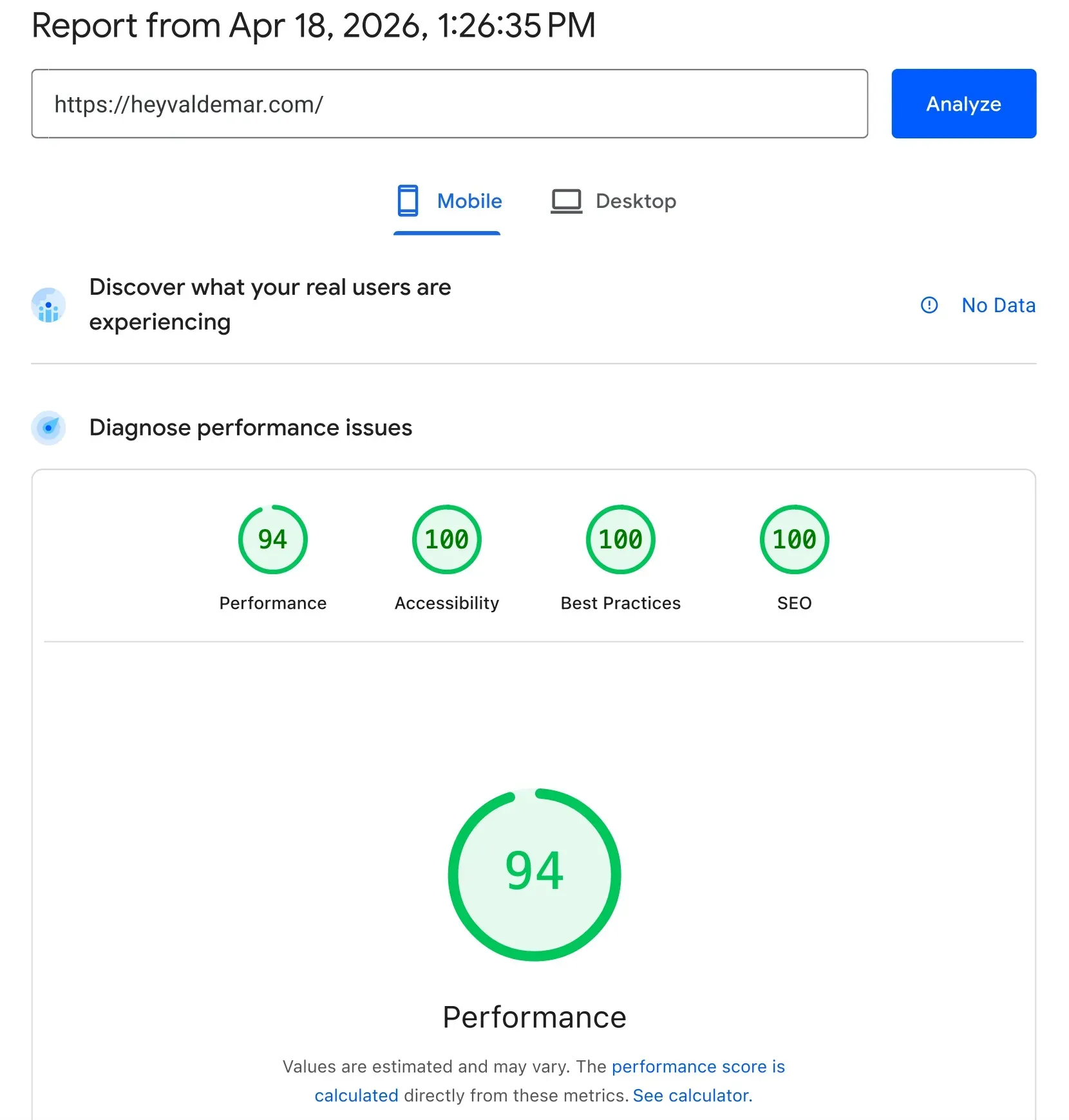 PageSpeed Insights mobile report after Cloudflare Web Analytics migration showing 94 Performance, 100 Accessibility, 100 Best Practices, 100 SEO
