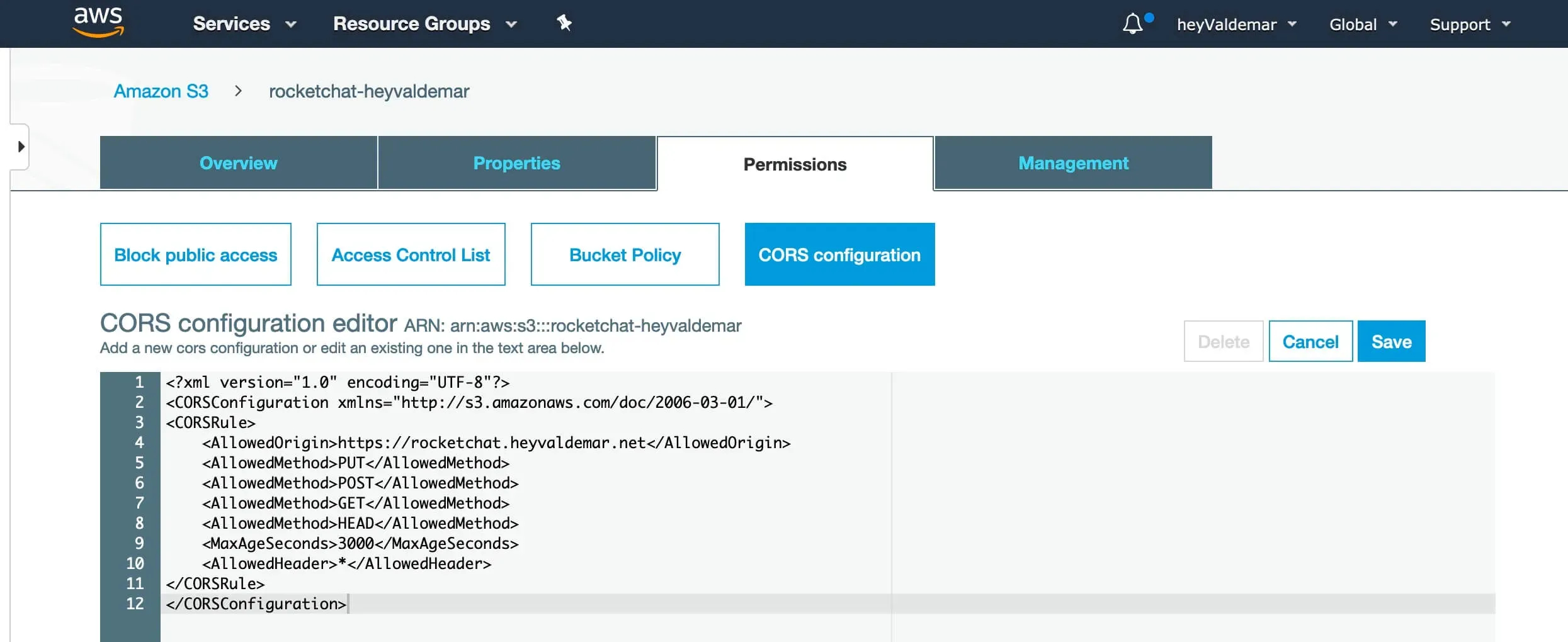 Configure Amazon S3 for Rocket.Chat File Sharing - Step 5