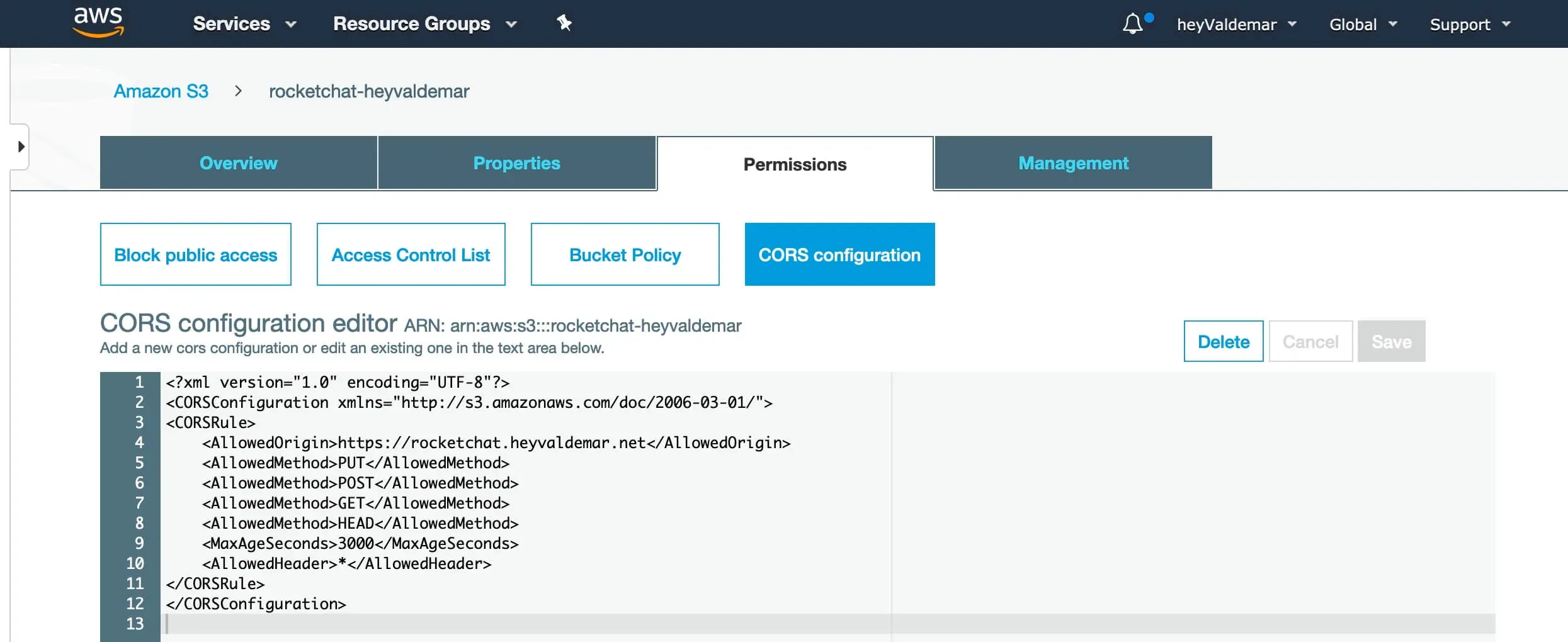 Configure Amazon S3 for Rocket.Chat File Sharing - Step 6