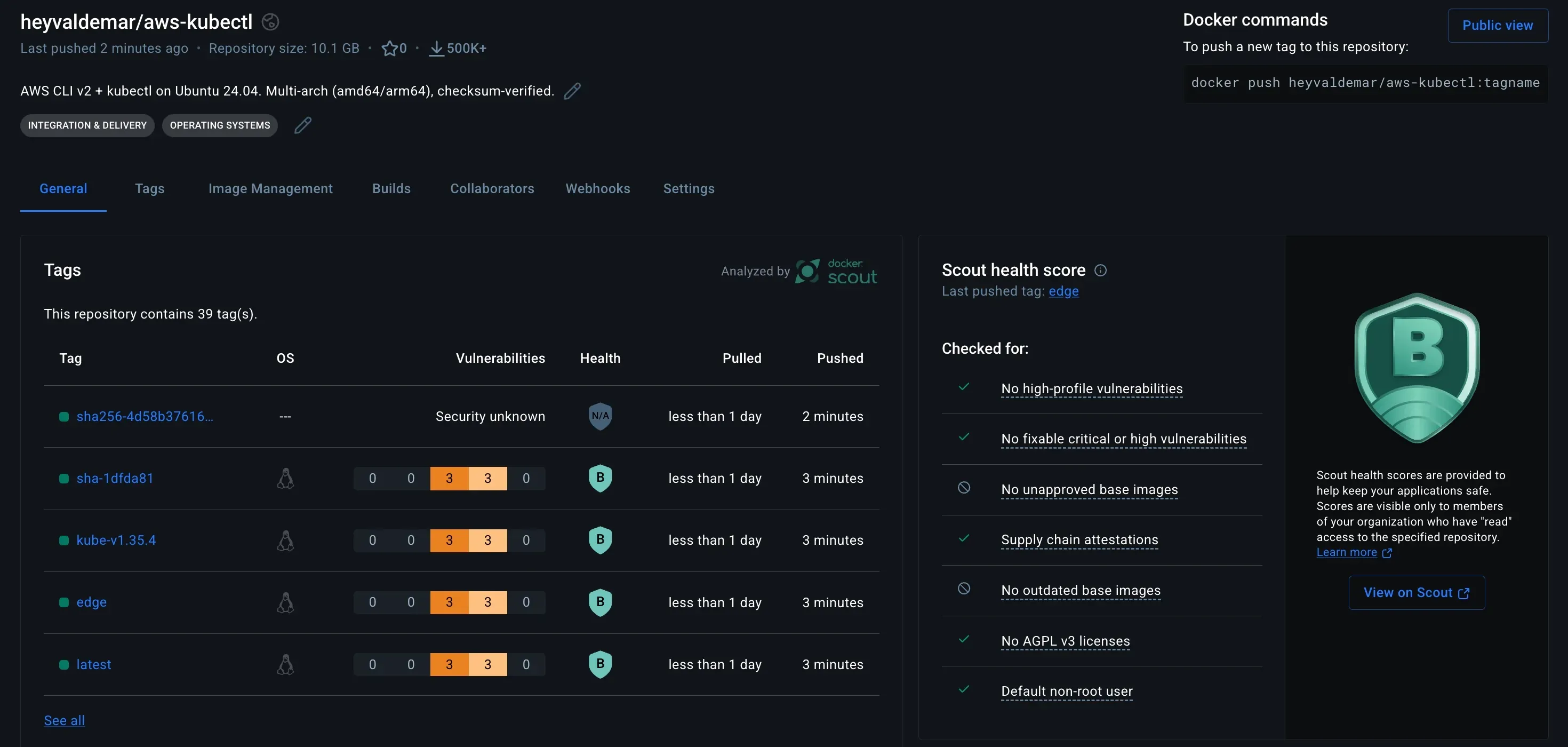Docker Hub Scout health score showing grade B with seven supply chain checks passing
