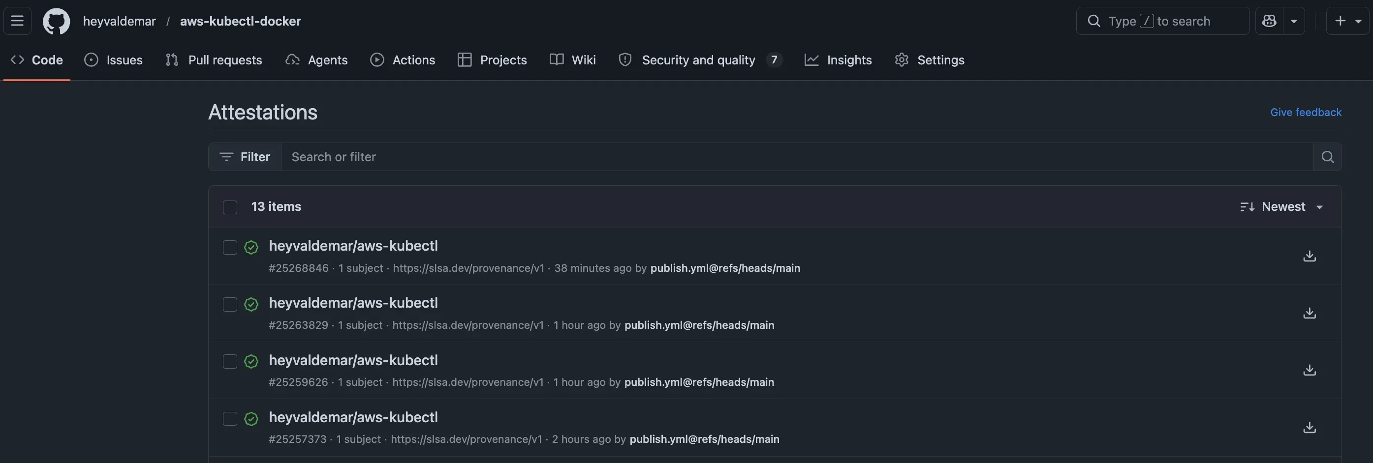 GitHub Attestations page showing thirteen SLSA provenance records from publish.yml