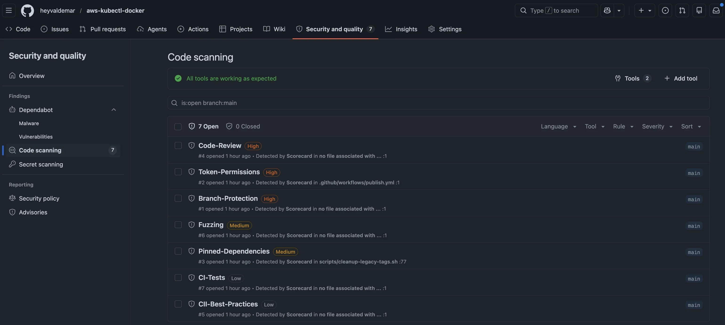 GitHub code scanning view showing seven Scorecard findings on the main branch with All tools are working as expected banner