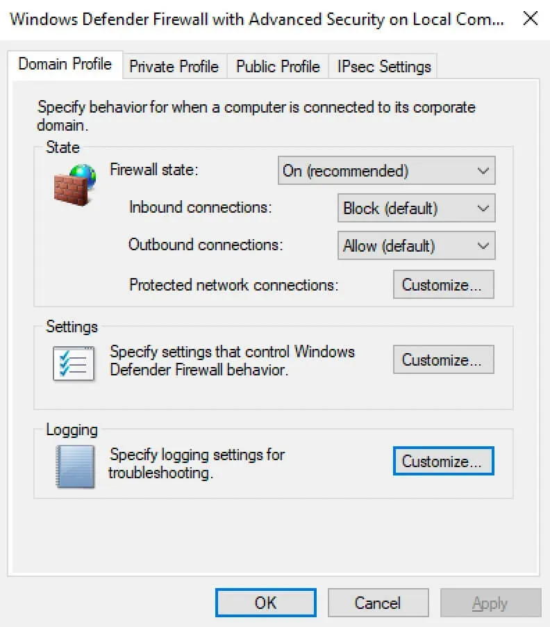 Enable Logging in Windows Firewall - Step 3