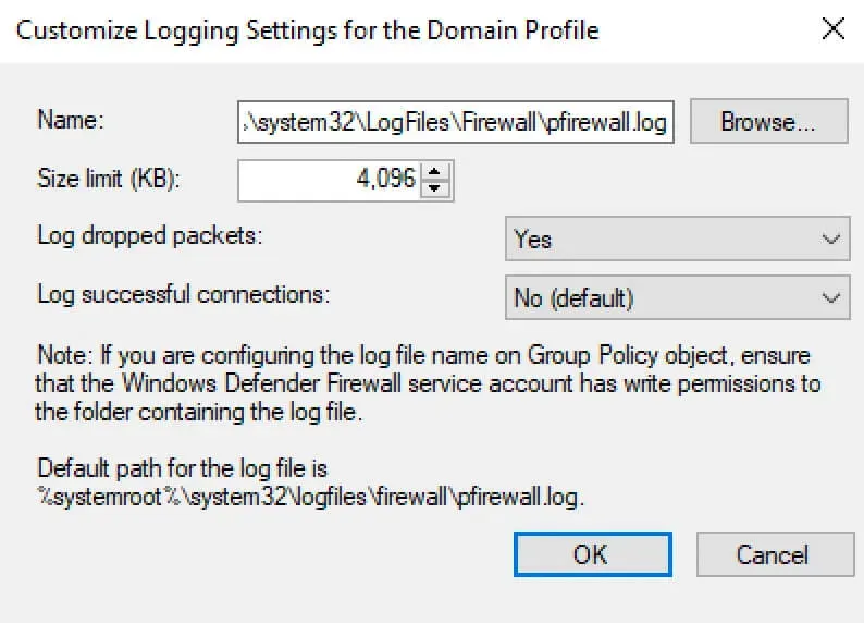 Enable Logging in Windows Firewall - Step 4