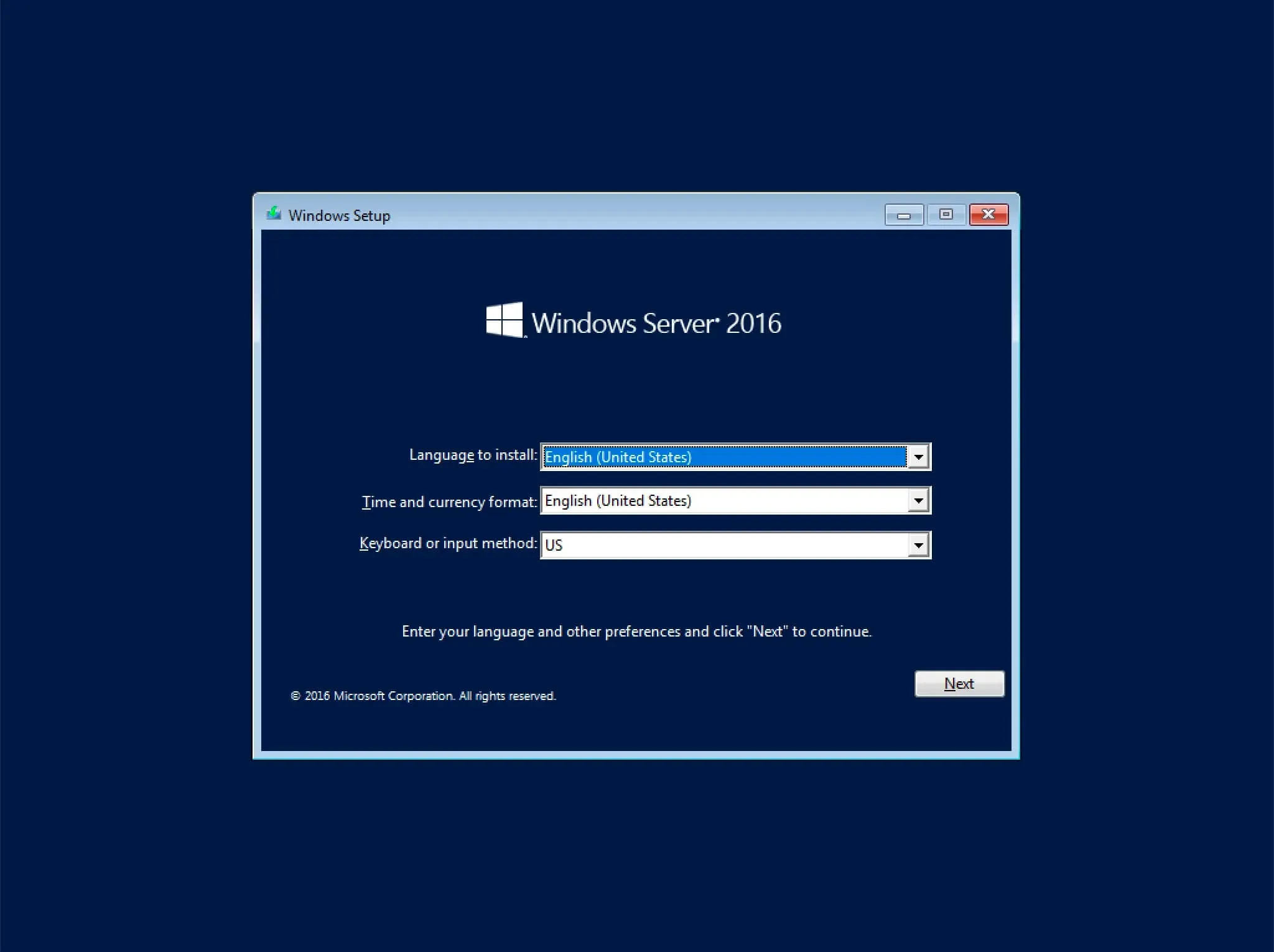 Install Windows Server 2016 - Step 1