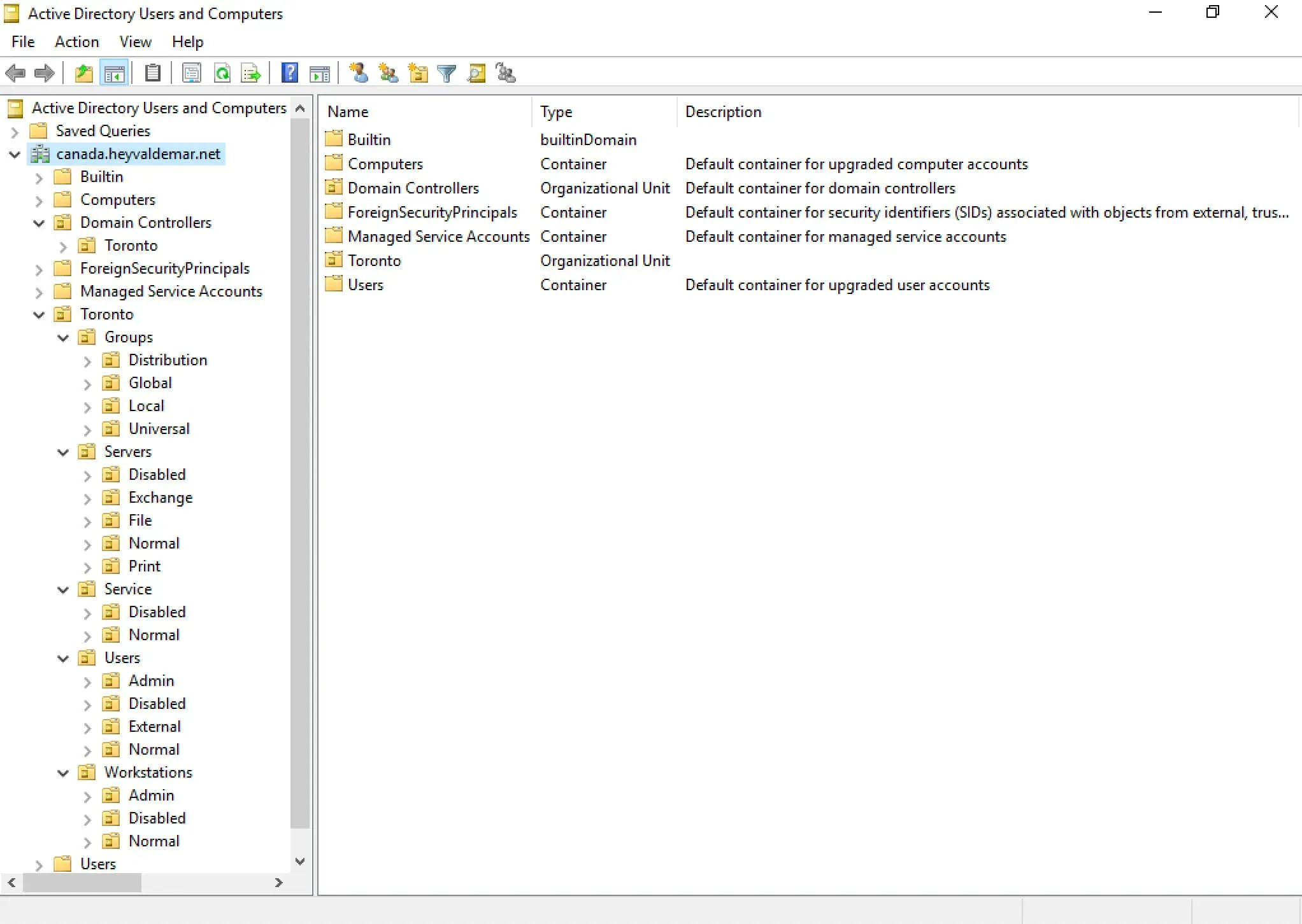 Active Directory OU structure showing grouped organizational units for a domain in Toronto