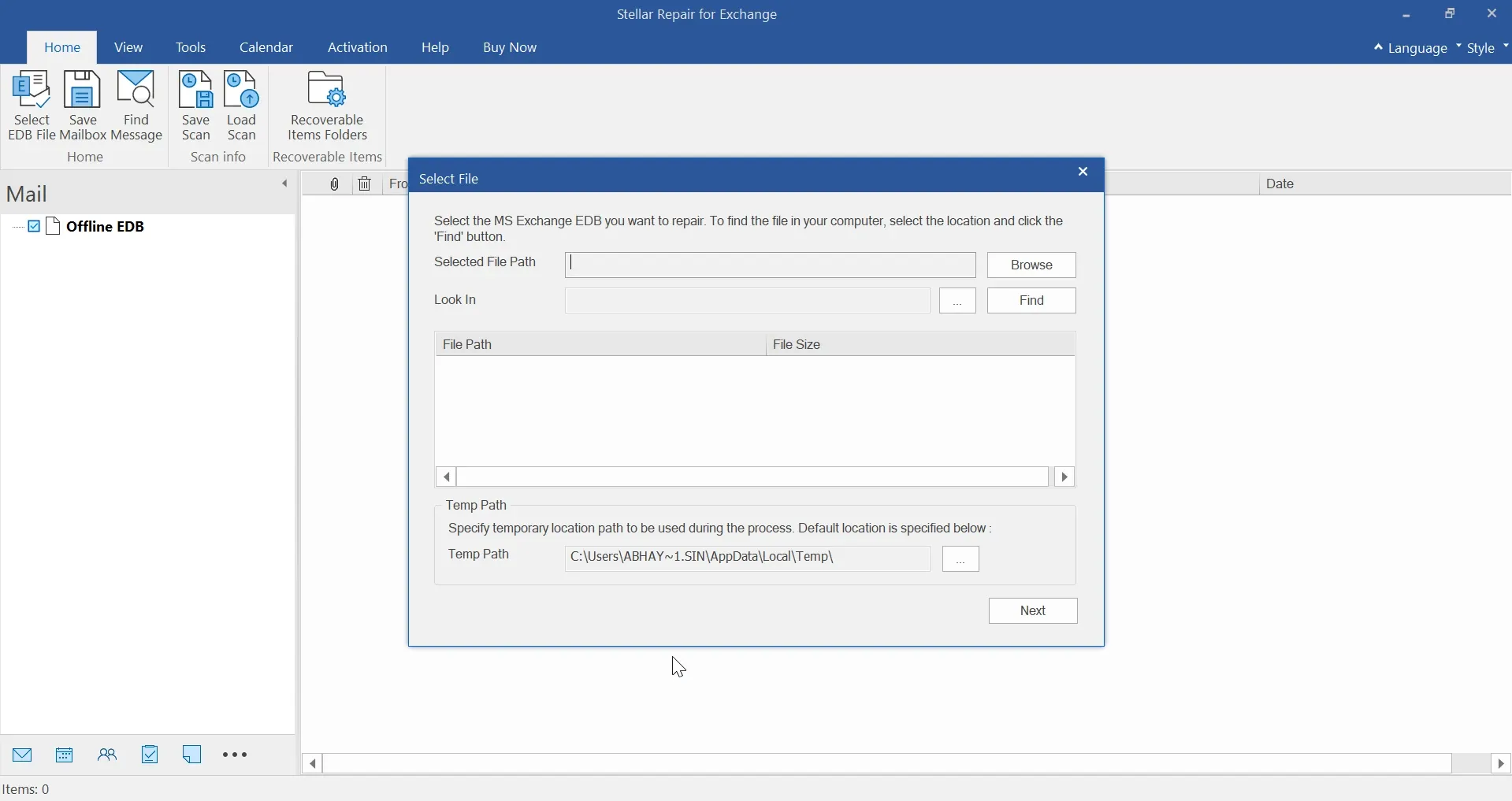 Stellar Repair for Exchange - Select EDB file dialog