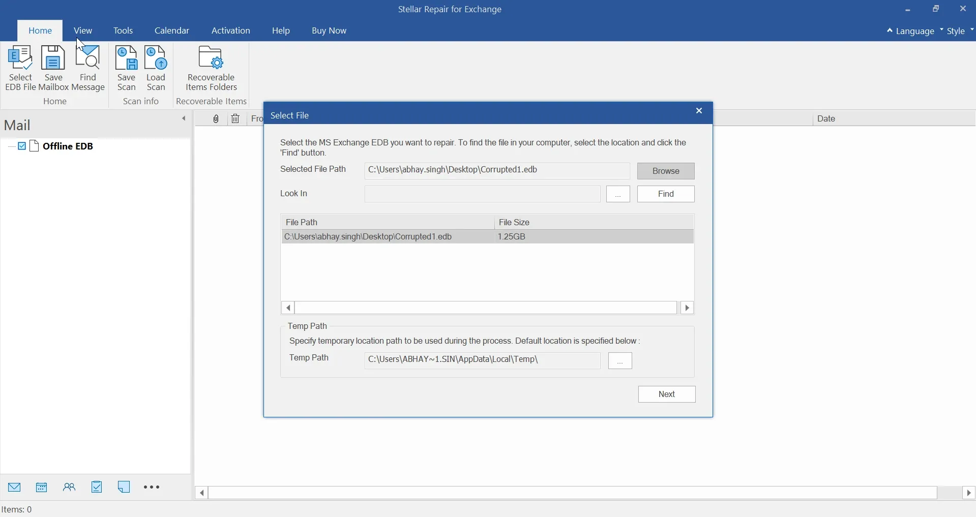 Stellar Repair for Exchange - EDB file selected and ready to scan