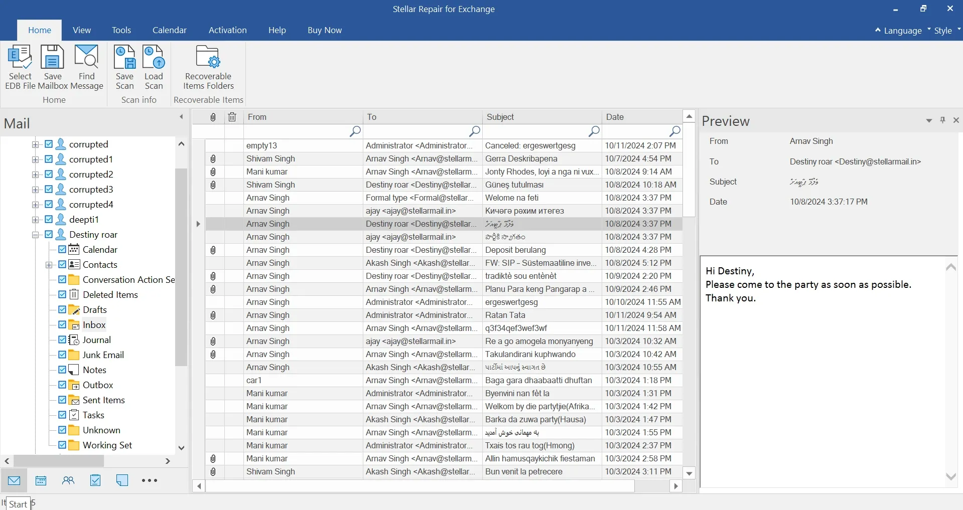 Stellar Repair for Exchange - Mailboxes tree after extensive scan