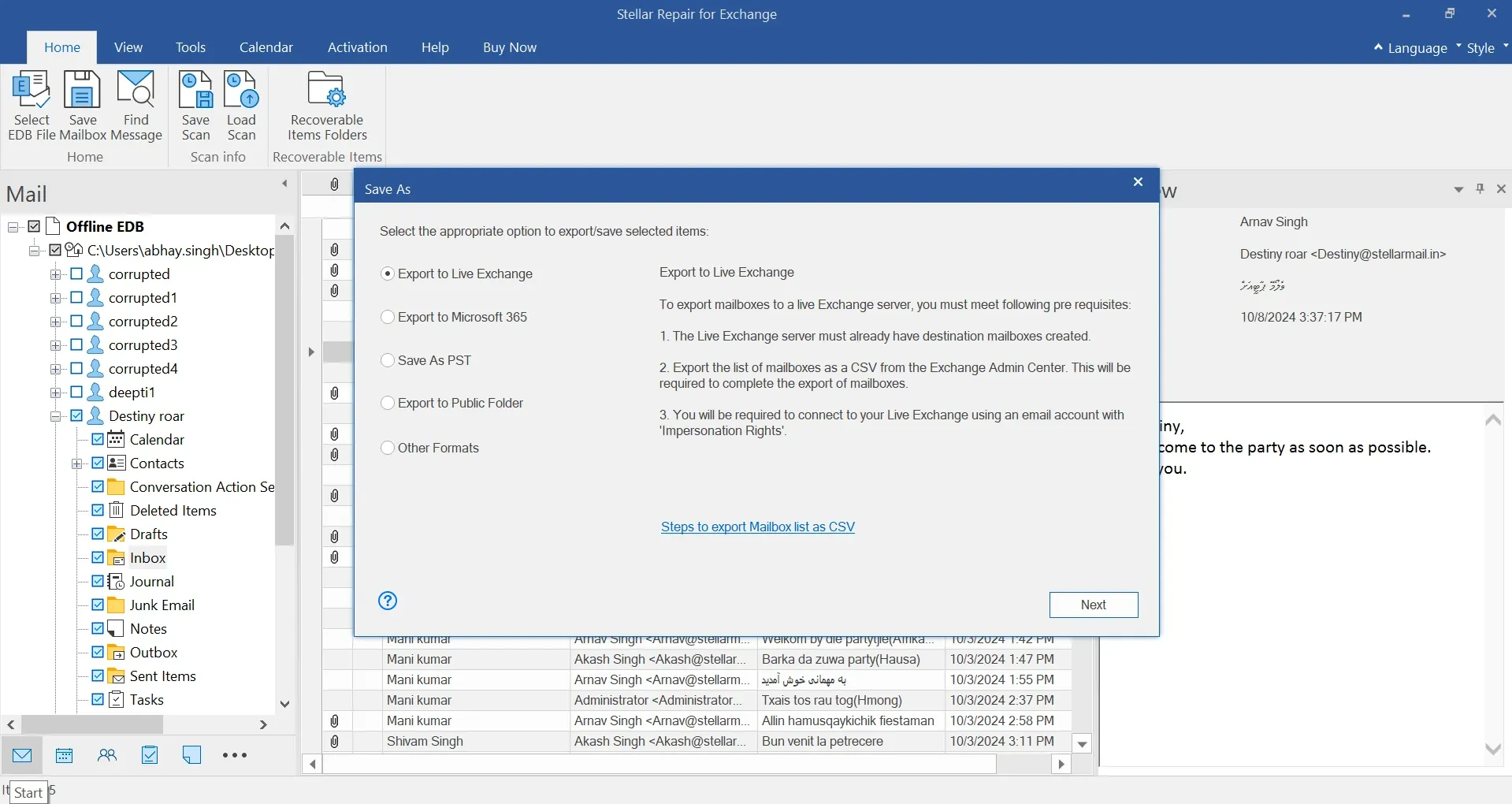 Stellar Repair for Exchange - Export options dialog before export