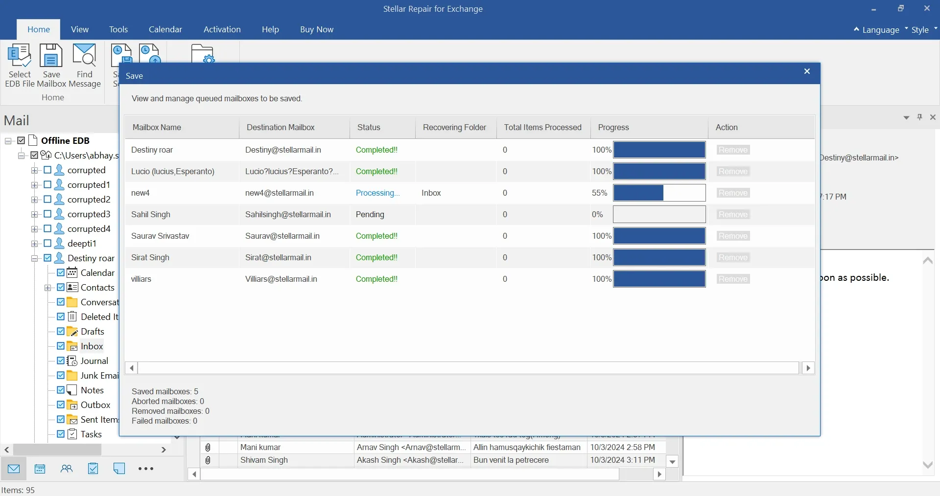 Stellar Repair for Exchange - Export progress restoring to Exchange Server