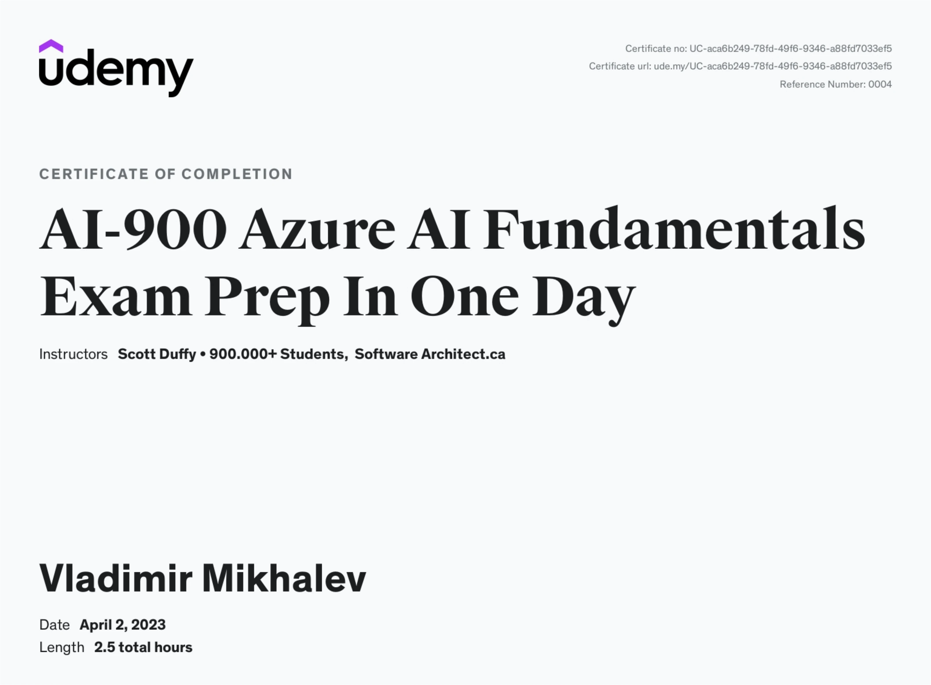 Vladimir Mikhalev - Ai 900 Azure Ai Fundamentals Exam Prep In One Day - Certificate