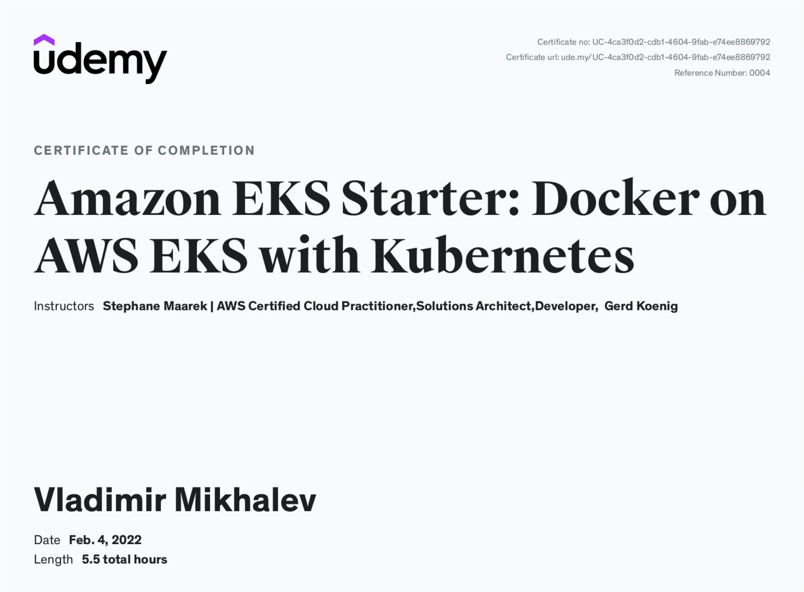 Vladimir Mikhalev - Amazon Eks Starter Docker On Aws Eks With Kubernetes - Certificate