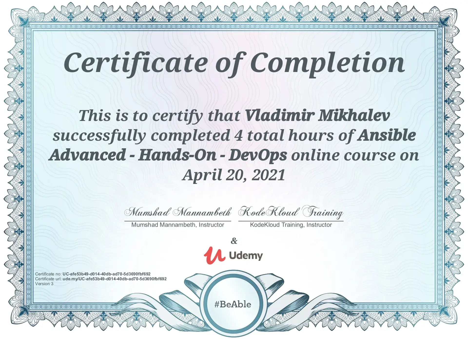 Vladimir Mikhalev - Ansible Advanced Hands On Devops - Certificate