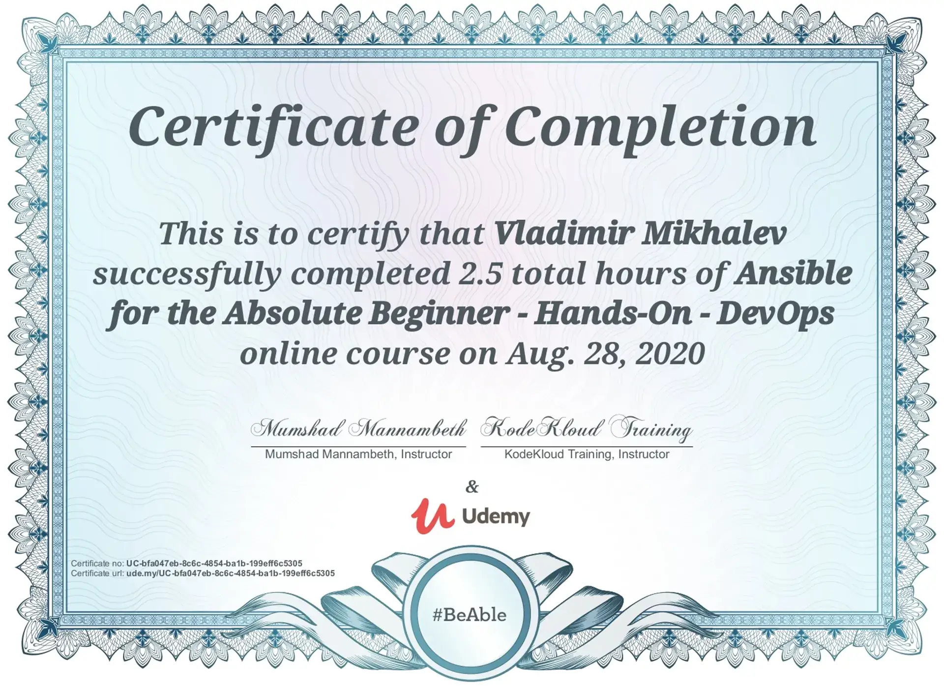 Vladimir Mikhalev - Ansible For The Absolute Beginner Hands On Devops - Certificate