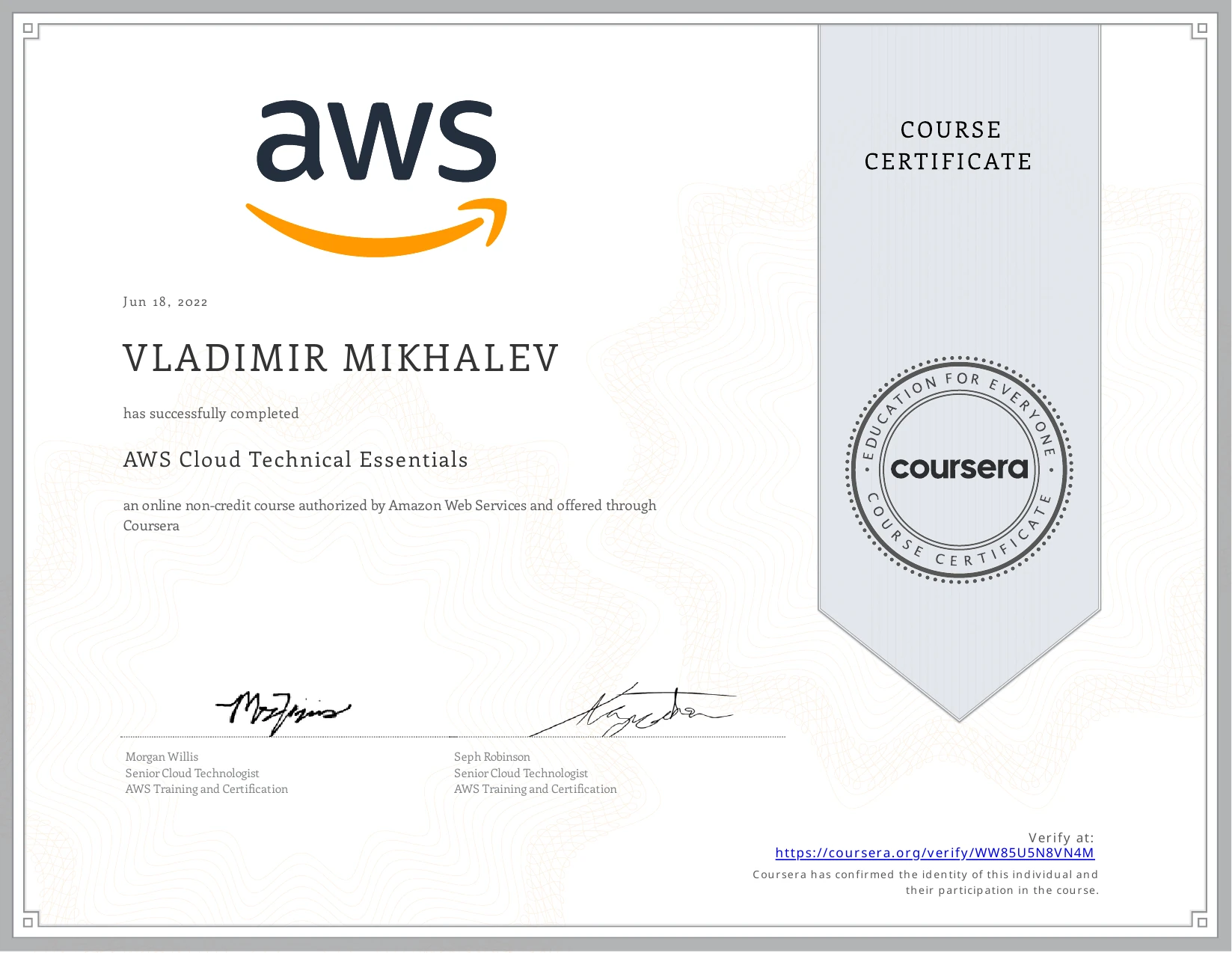 Vladimir Mikhalev - Aws Cloud Technical Essentials - Certificate