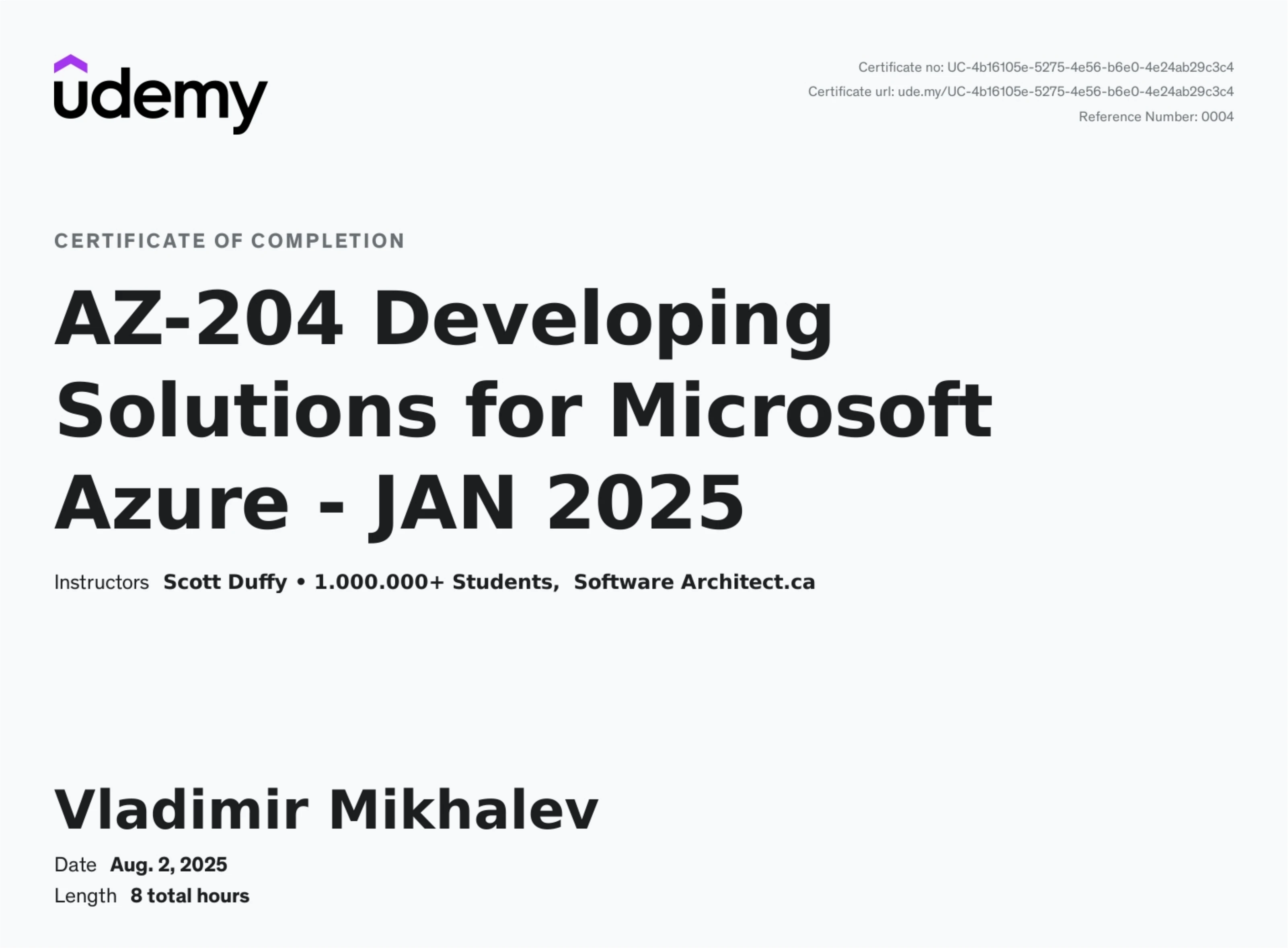 Vladimir Mikhalev - AZ-204 Developing Solutions for Microsoft Azure - Certificate
