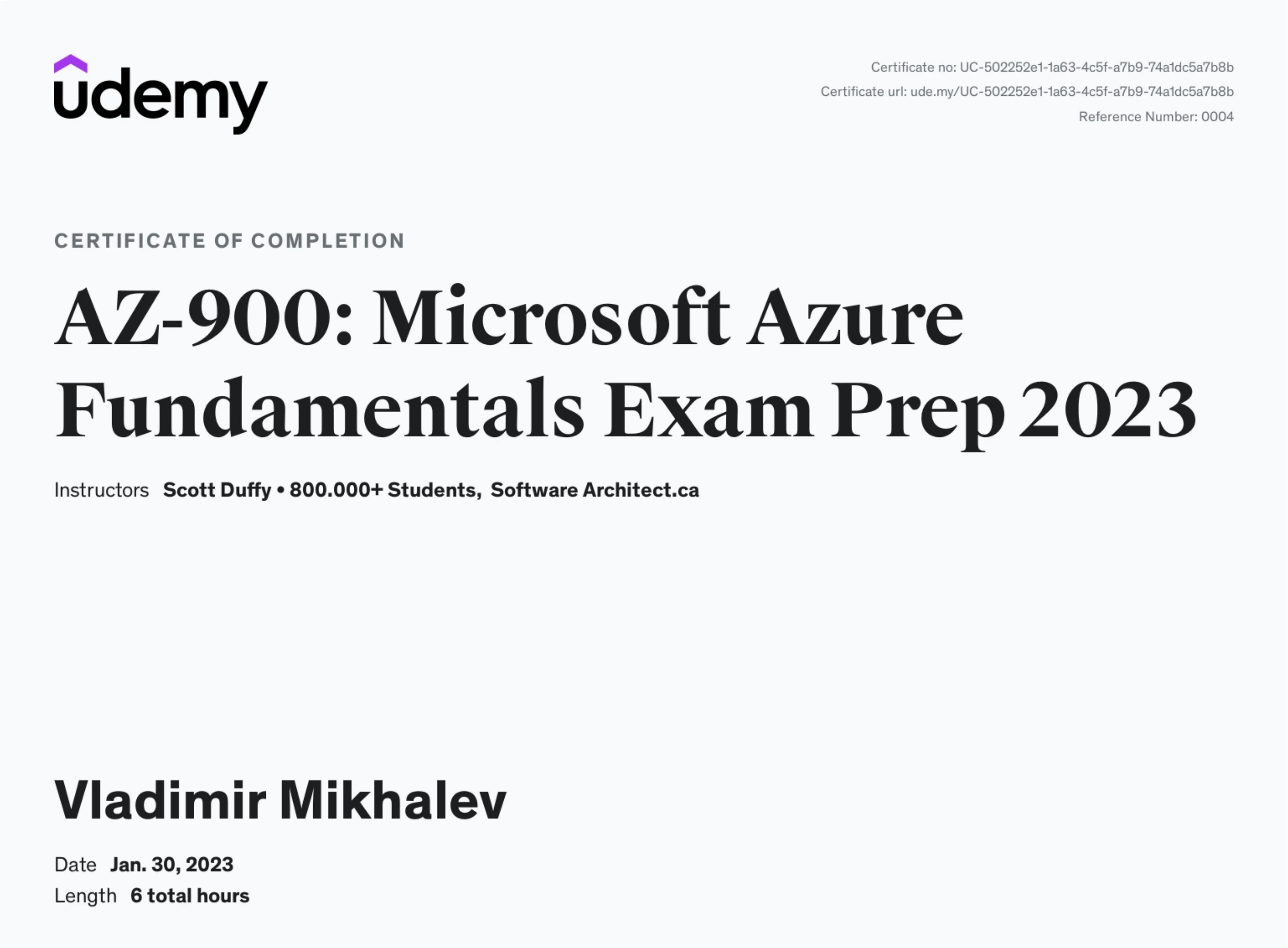 Vladimir Mikhalev - Az 900 Microsoft Azure Fundamentals Exam Prep 2023 - Certificate