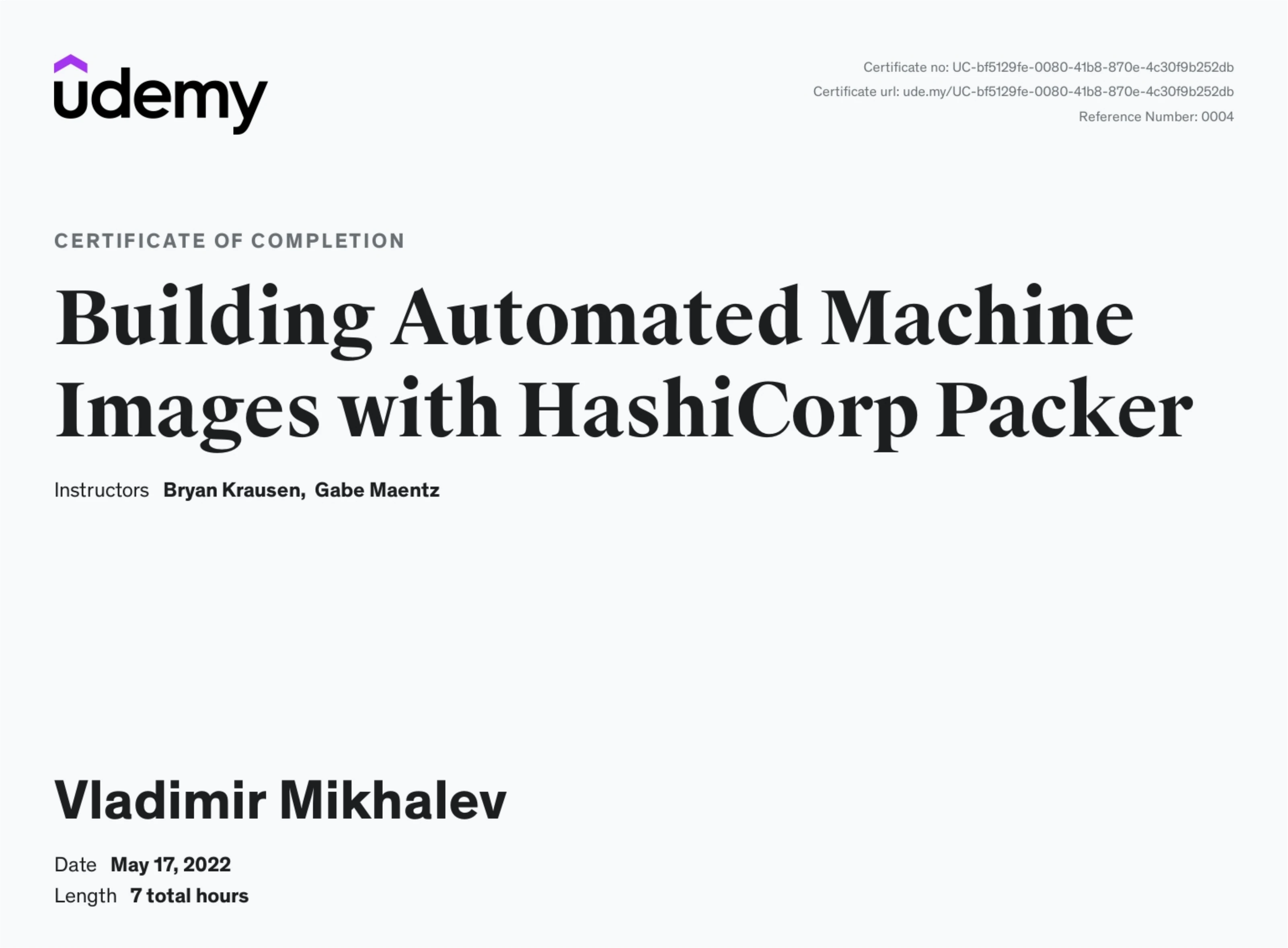 Vladimir Mikhalev - Building Automated Machine Images With Hashicorp Packer - Certificate