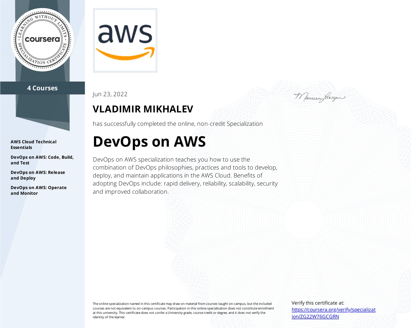 Vladimir Mikhalev - Devops On Aws - Certificate