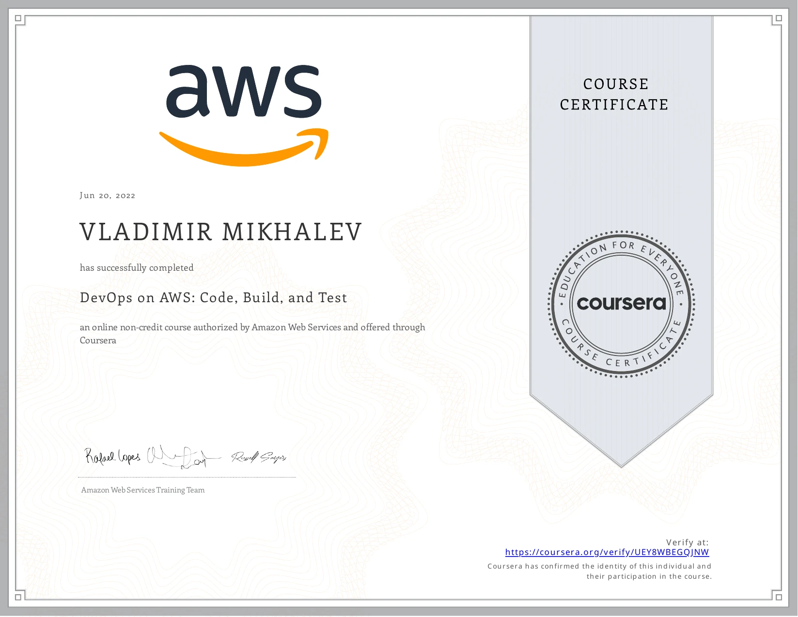 Vladimir Mikhalev - Devops On Aws Code Build And Test - Certificate