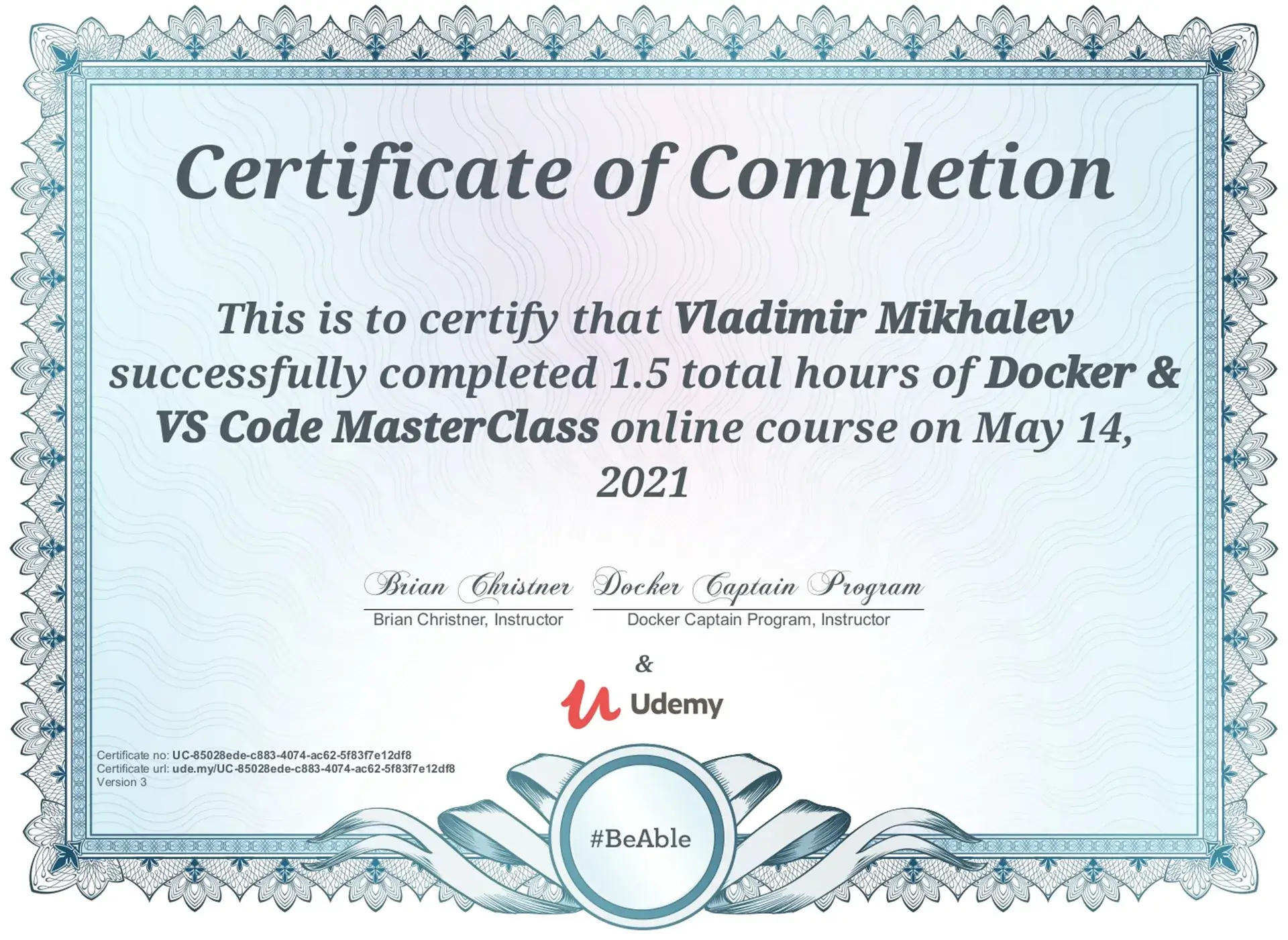 Vladimir Mikhalev - Docker And Vs Code Master Class - Certificate