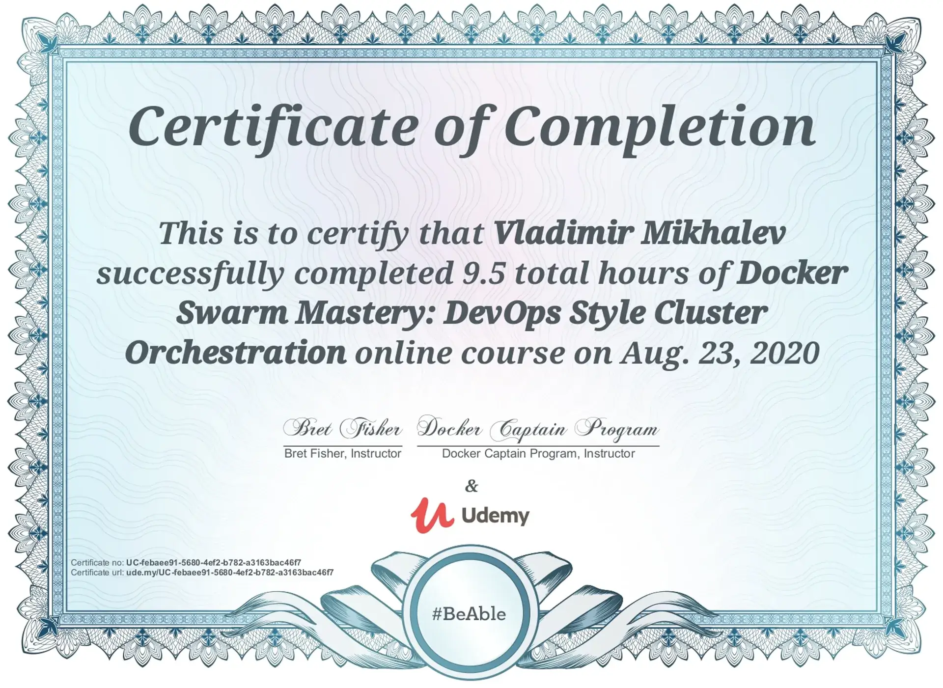 Vladimir Mikhalev - Docker Swarm Mastery Devops Style Cluster Orchestration - Certificate