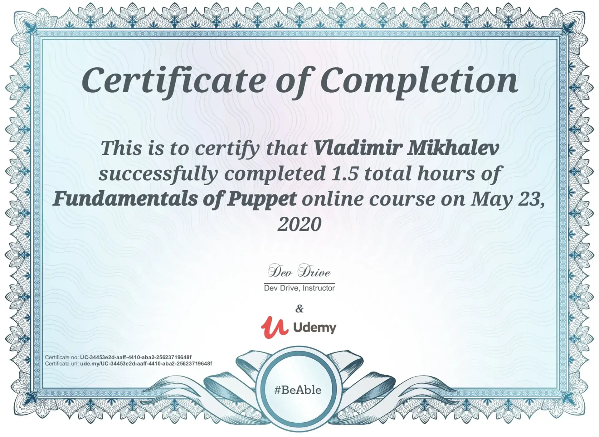 Vladimir Mikhalev - Fundamentals Of Puppet - Certificate