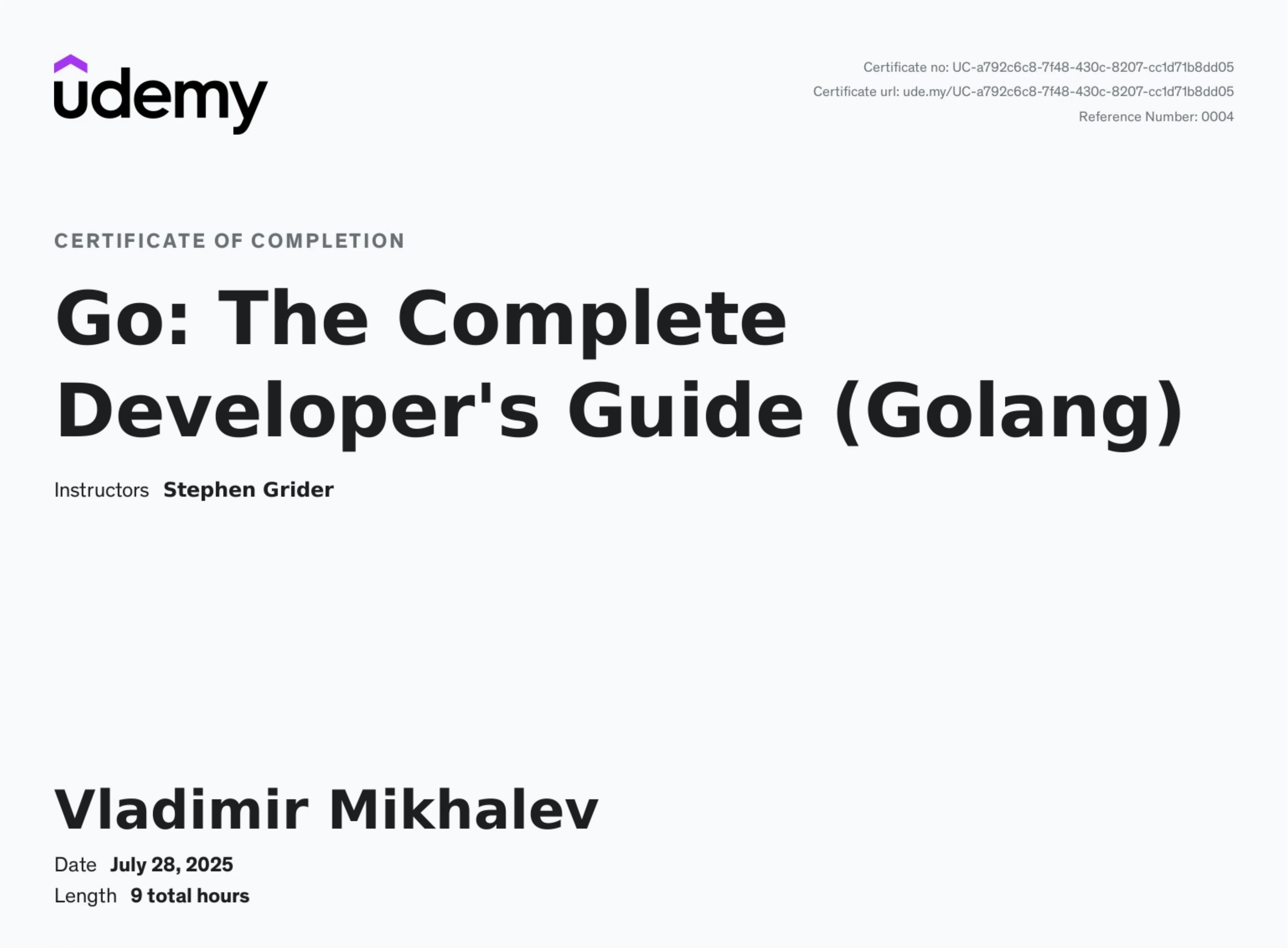 Vladimir Mikhalev - Go The Complete Developers Guide Golang - Certificate