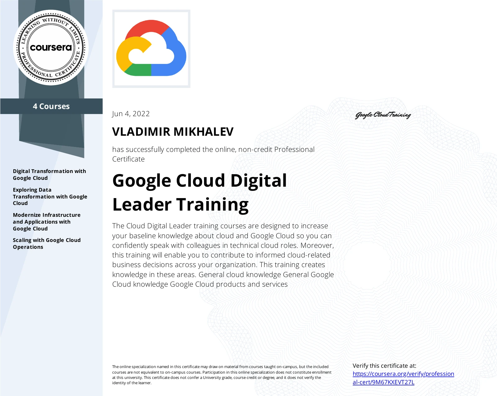 Vladimir Mikhalev - Google Cloud Digital Leader Training - Certificate