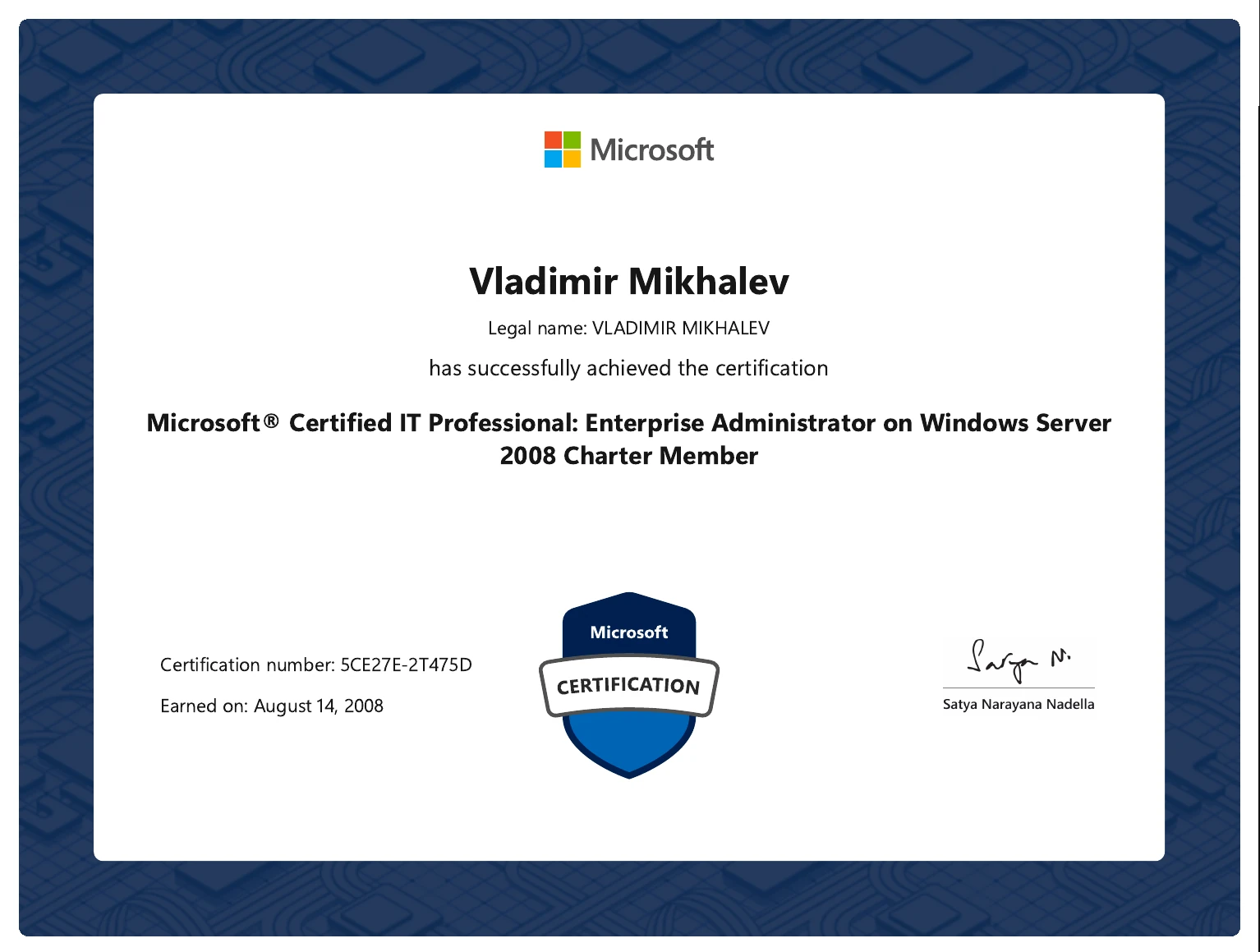Vladimir Mikhalev - Microsoft Certified IT Professional Enterprise Administrator On Windows Server 2008 Charter Member - Certificate