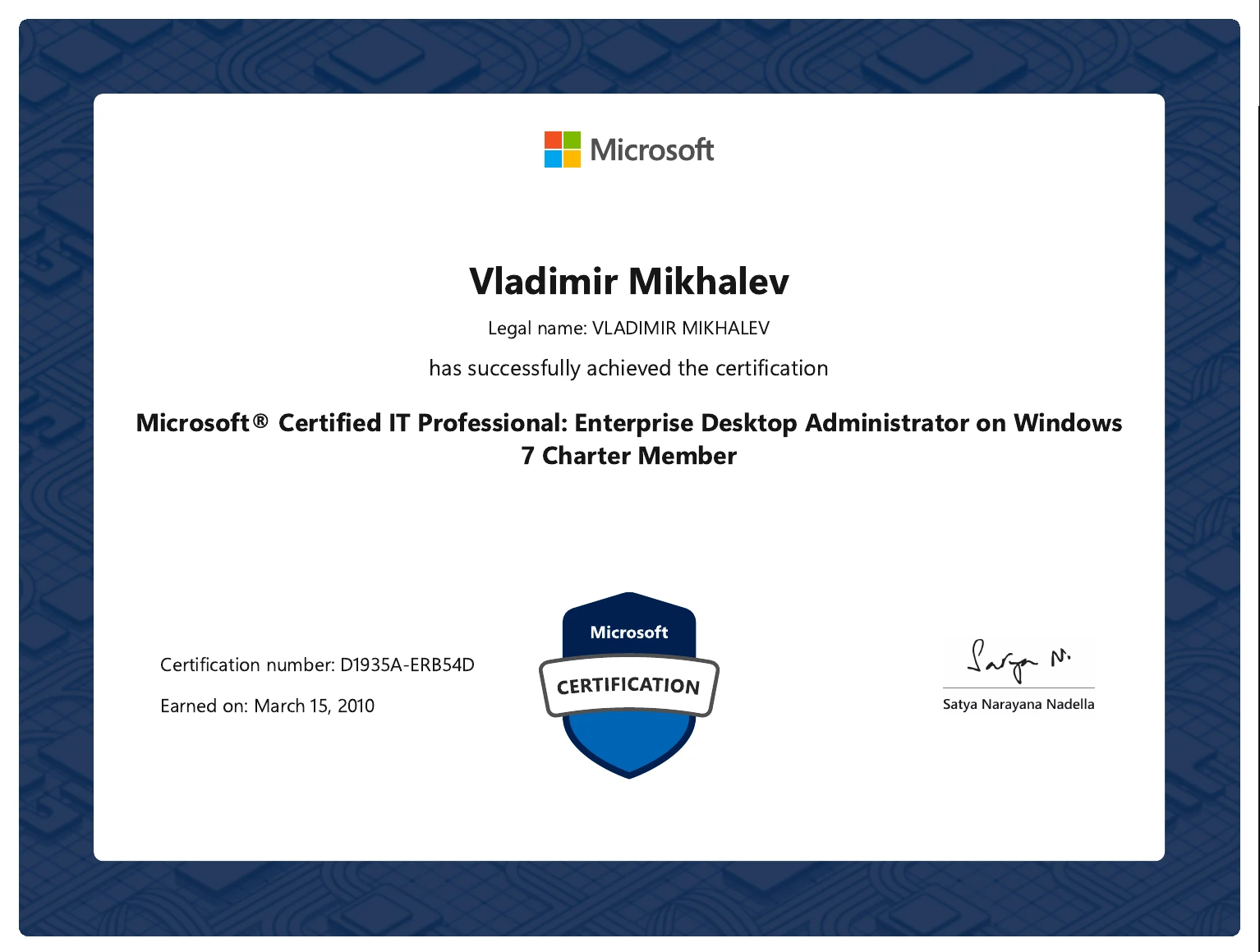 Vladimir Mikhalev - Microsoft Certified IT Professional Enterprise Desktop Administrator On Windows 7 Charter Member - Certificate