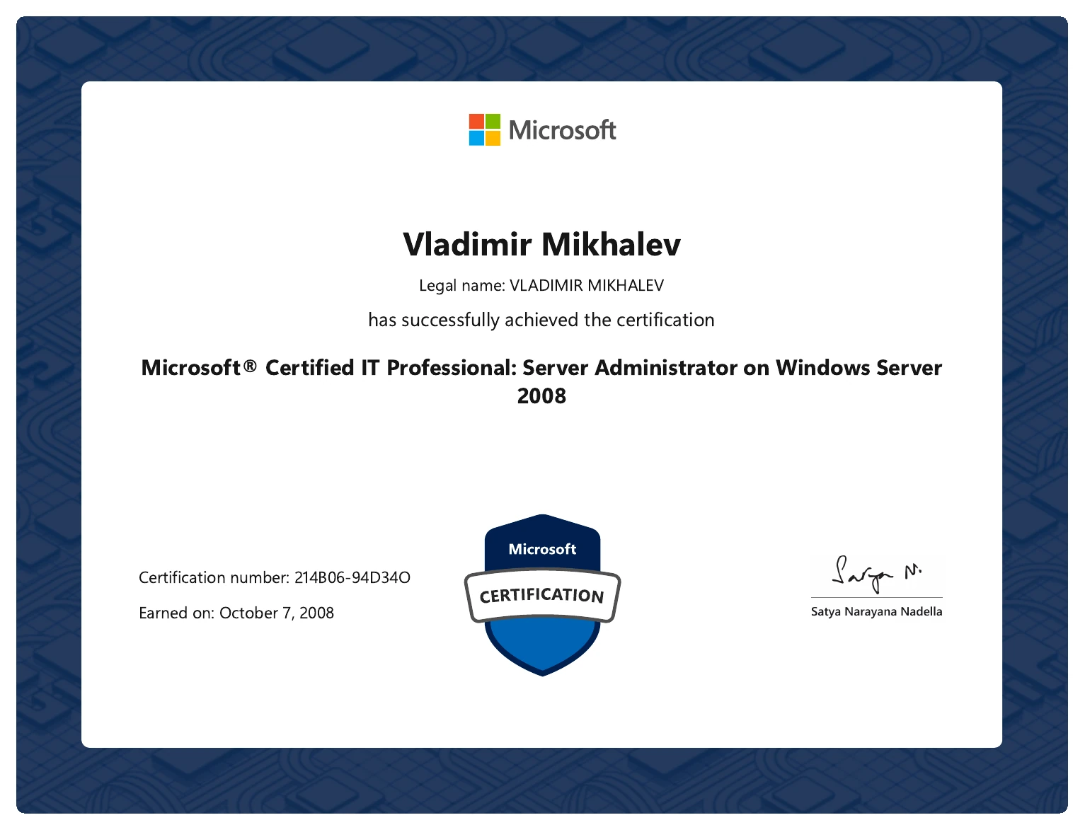 Vladimir Mikhalev - Microsoft Certified IT Professional Server Administrator On Windows Server 2008 - Certificate