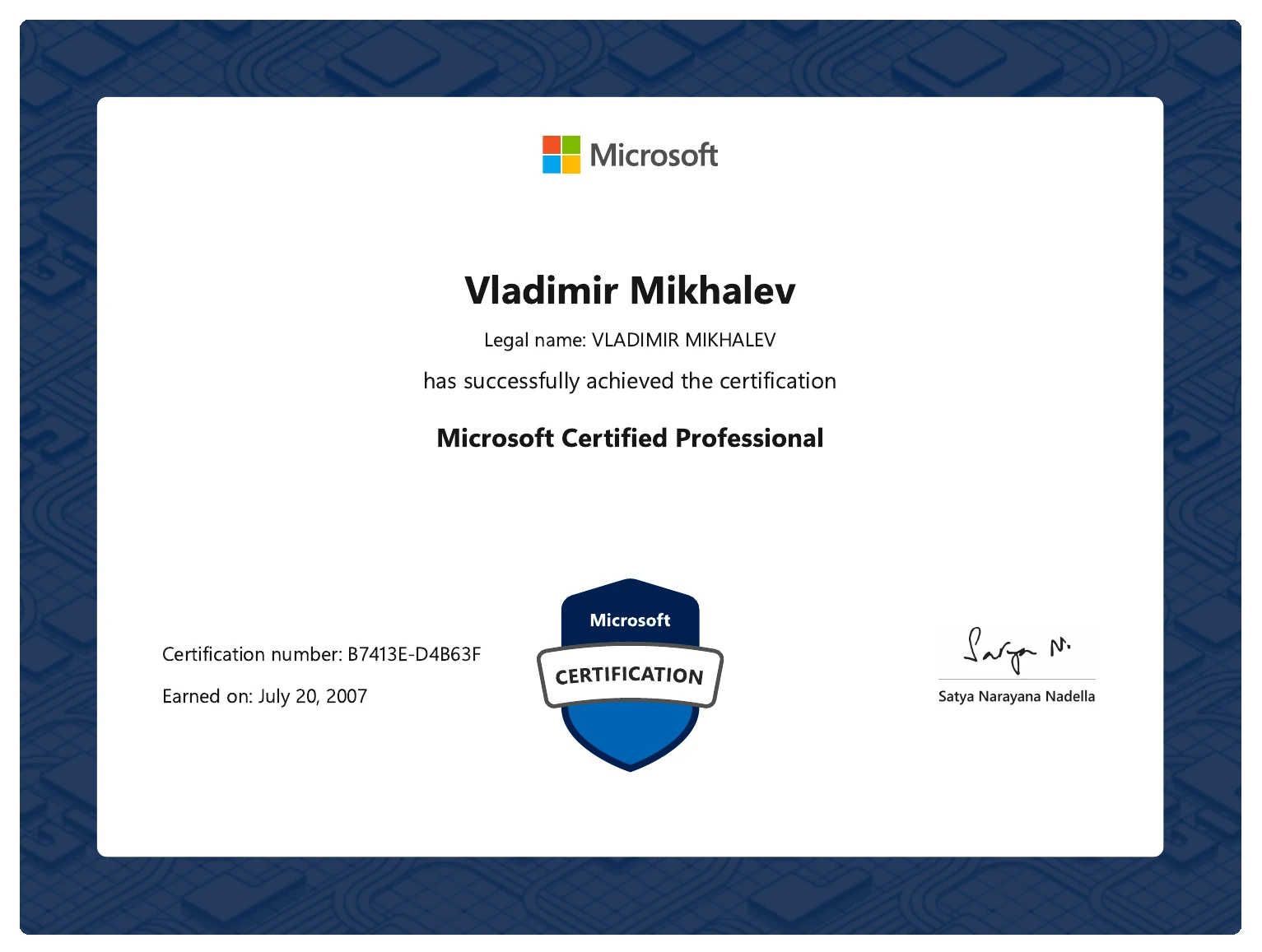 Vladimir Mikhalev - Microsoft Certified Professional 2007 - Certificate