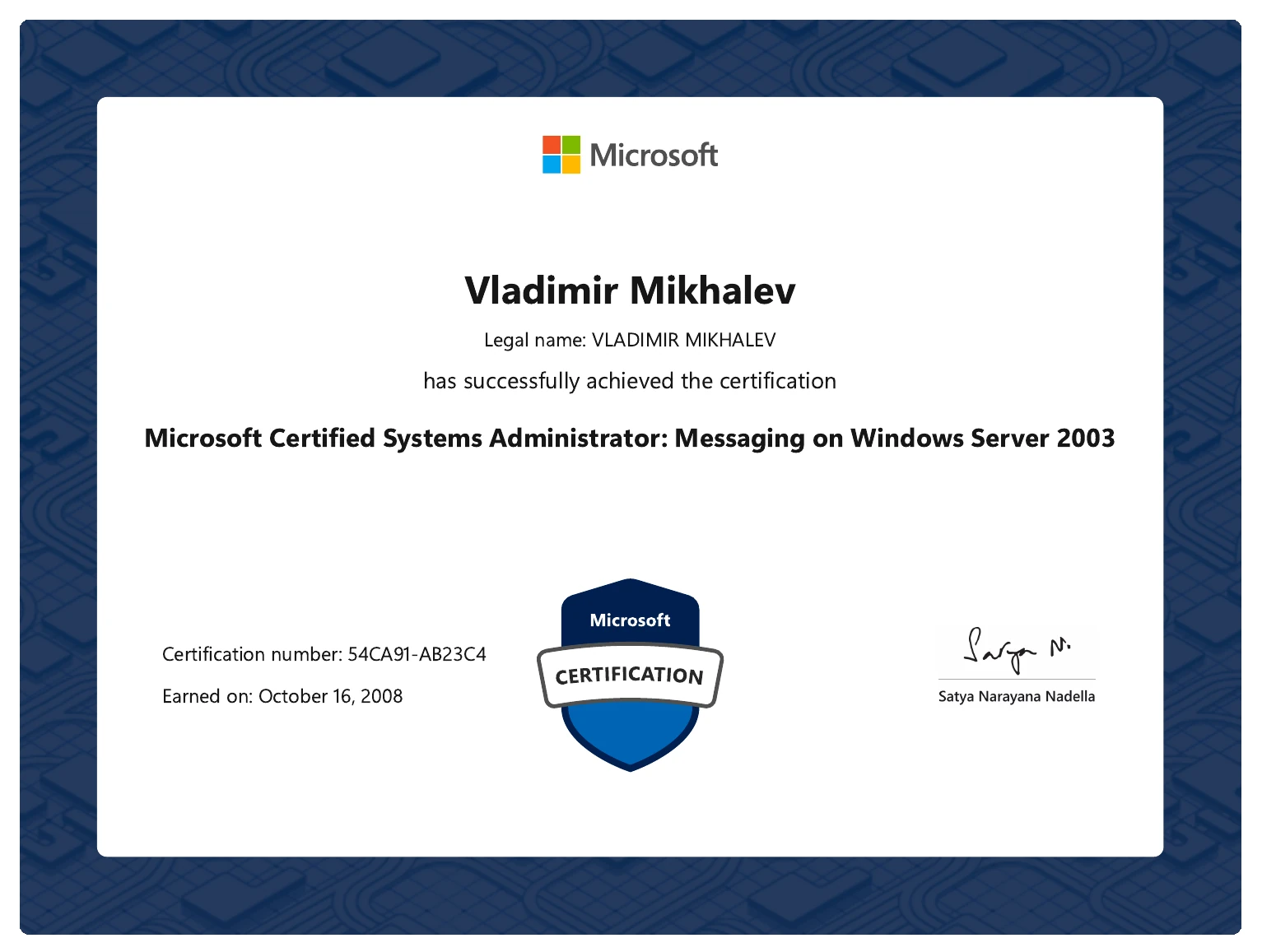 Vladimir Mikhalev - Microsoft Certified Systems Administrator Messaging On Windows Server 2003 - Certificate