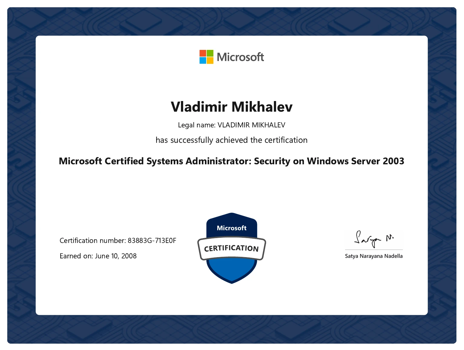 Vladimir Mikhalev - Microsoft Certified Systems Administrator Security On Windows Server 2003 - Certificate
