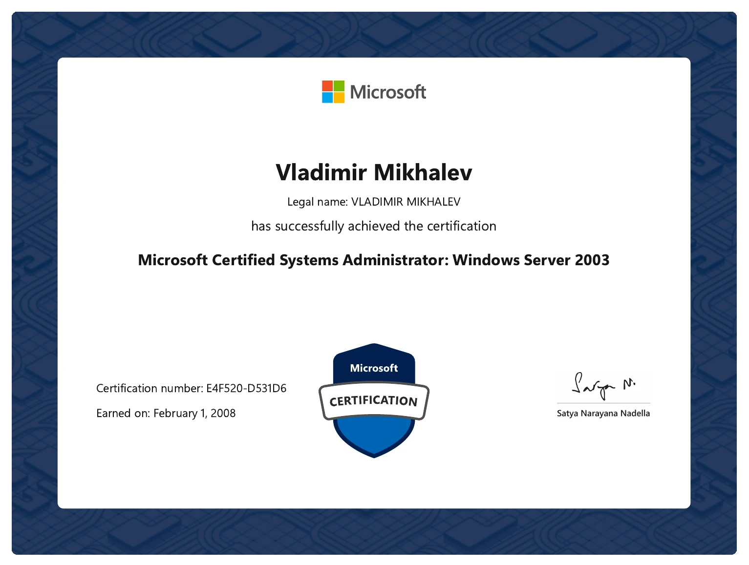 Vladimir Mikhalev - Microsoft Certified Systems Administrator Windows Server 2003 - Certificate