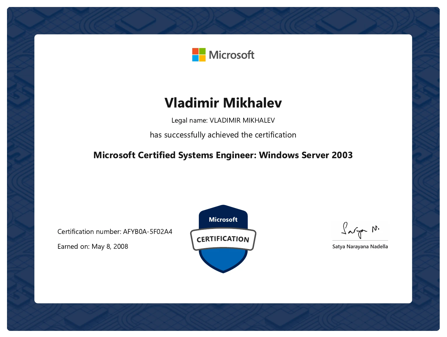 Vladimir Mikhalev - Microsoft Certified Systems Engineer Windows Server 2003 - Certificate