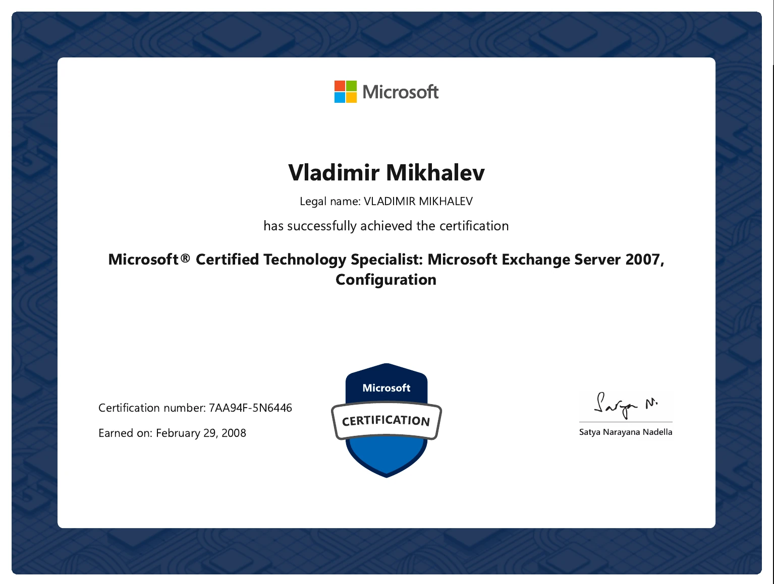 Vladimir Mikhalev - Microsoft Certified Technology Specialist Microsoft Exchange Server 2007 Configuration - Certificate
