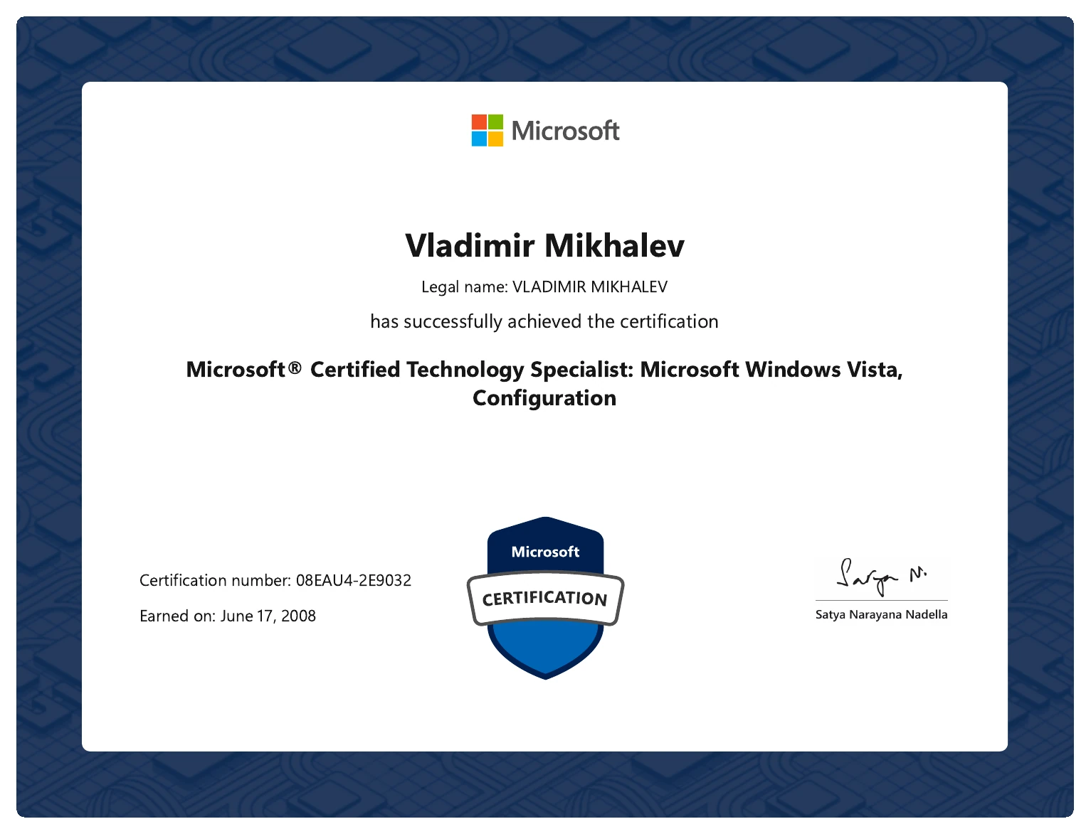 Vladimir Mikhalev - Microsoft Certified Technology Specialist Microsoft Windows Vista Configuration - Certificate