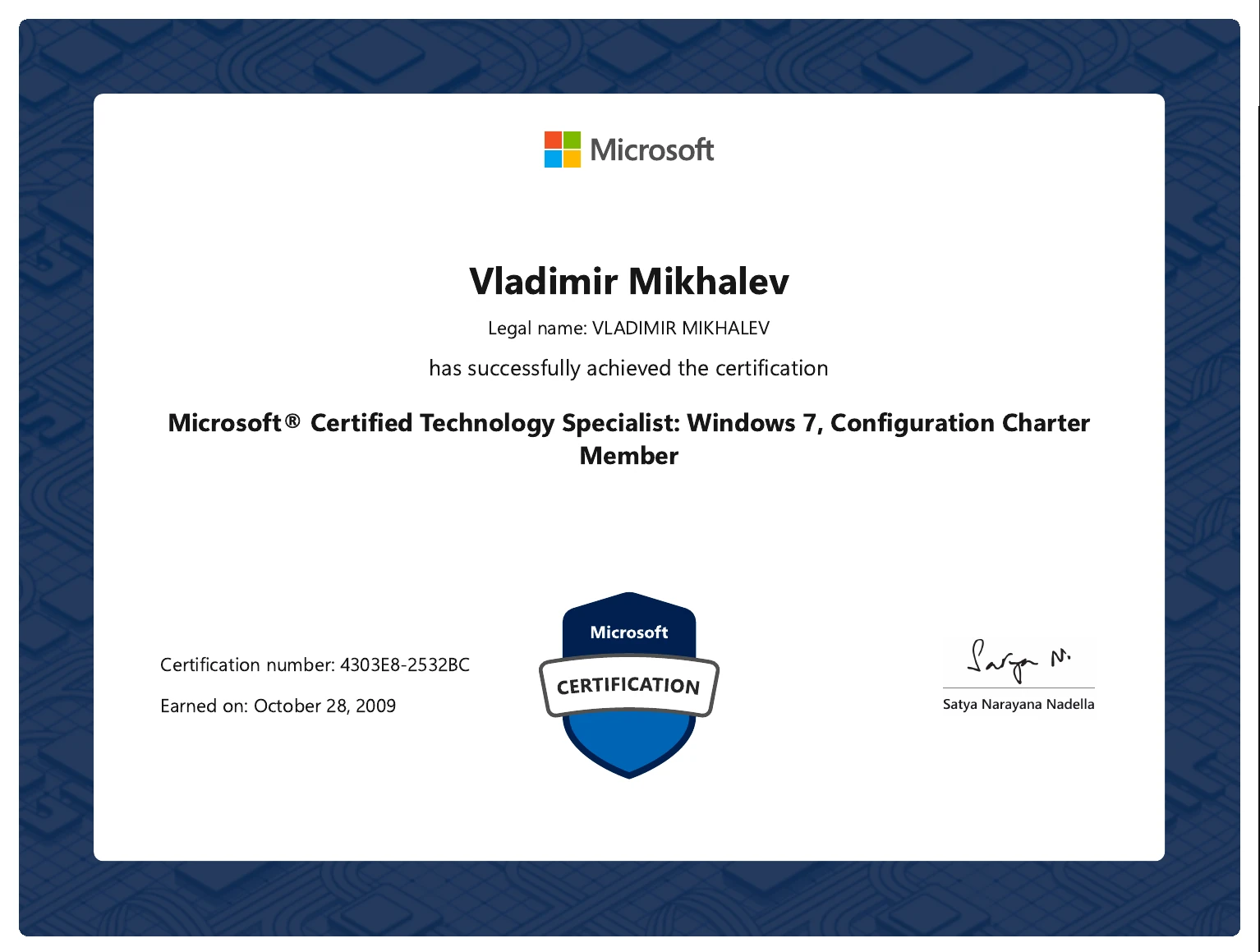 Vladimir Mikhalev - Microsoft Certified Technology Specialist Windows 7 Configuration Charter Member - Certificate