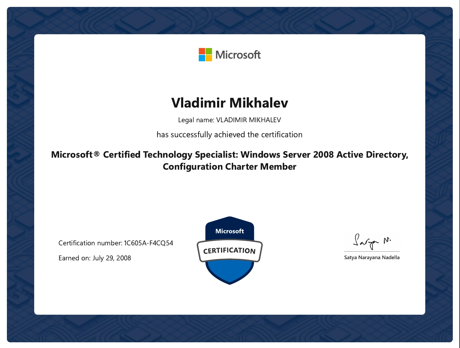 Vladimir Mikhalev - Microsoft Certified Technology Specialist Windows Server 2008 Active Directory Configuration Charter Member - Certificate
