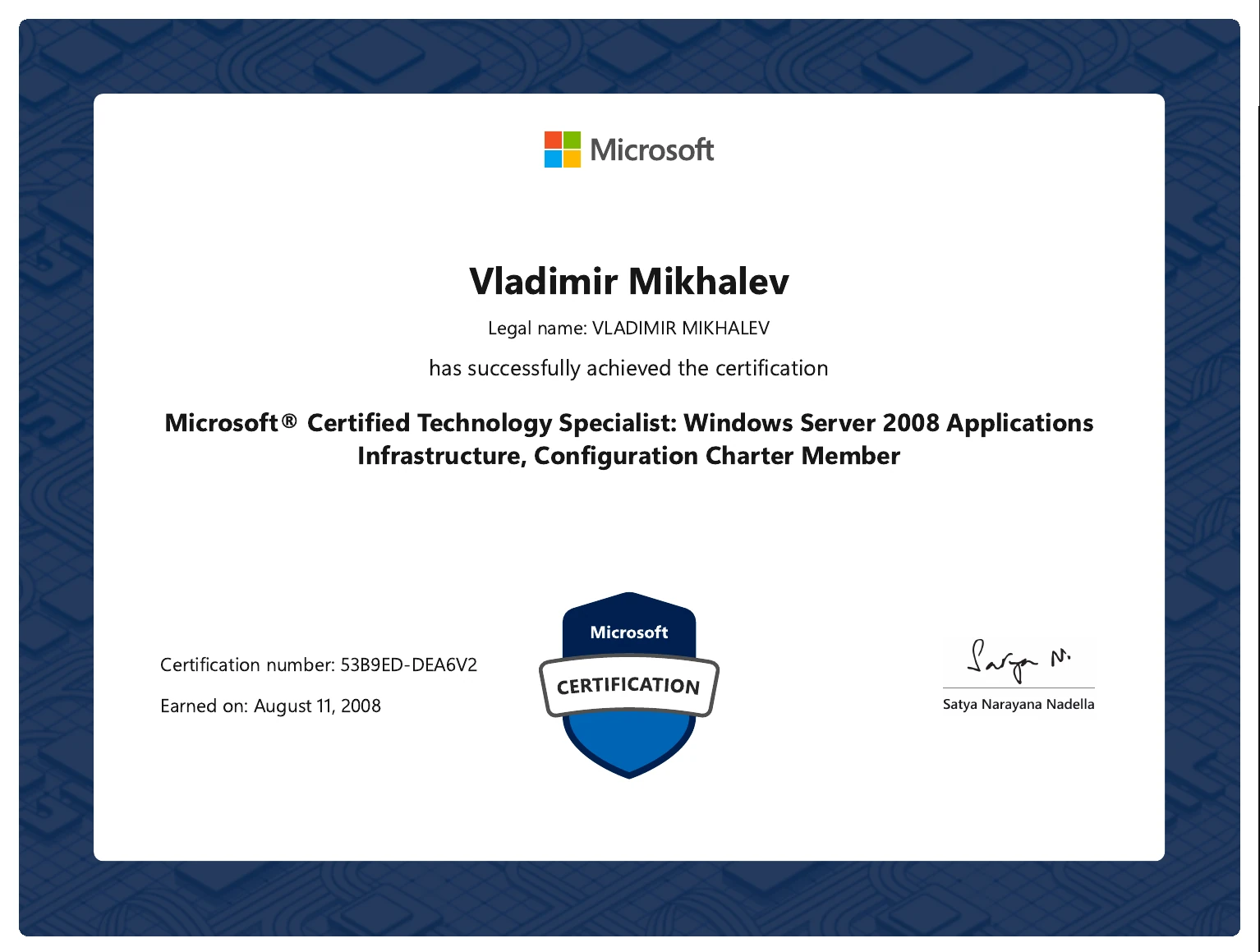 Vladimir Mikhalev - Microsoft Certified Technology Specialist Windows Server 2008 Applications Infrastructure Configuration Charter Member - Certificate