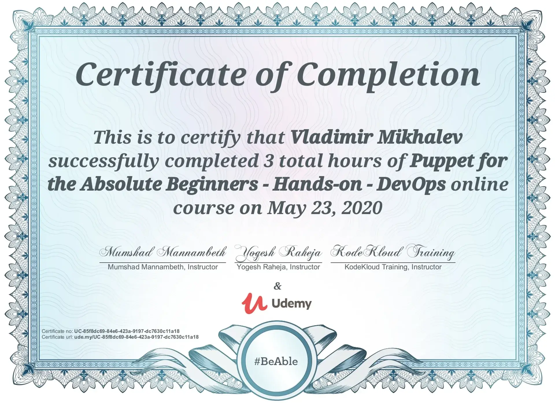 Vladimir Mikhalev - Puppet For The Absolute Beginners Hands On Devops - Certificate