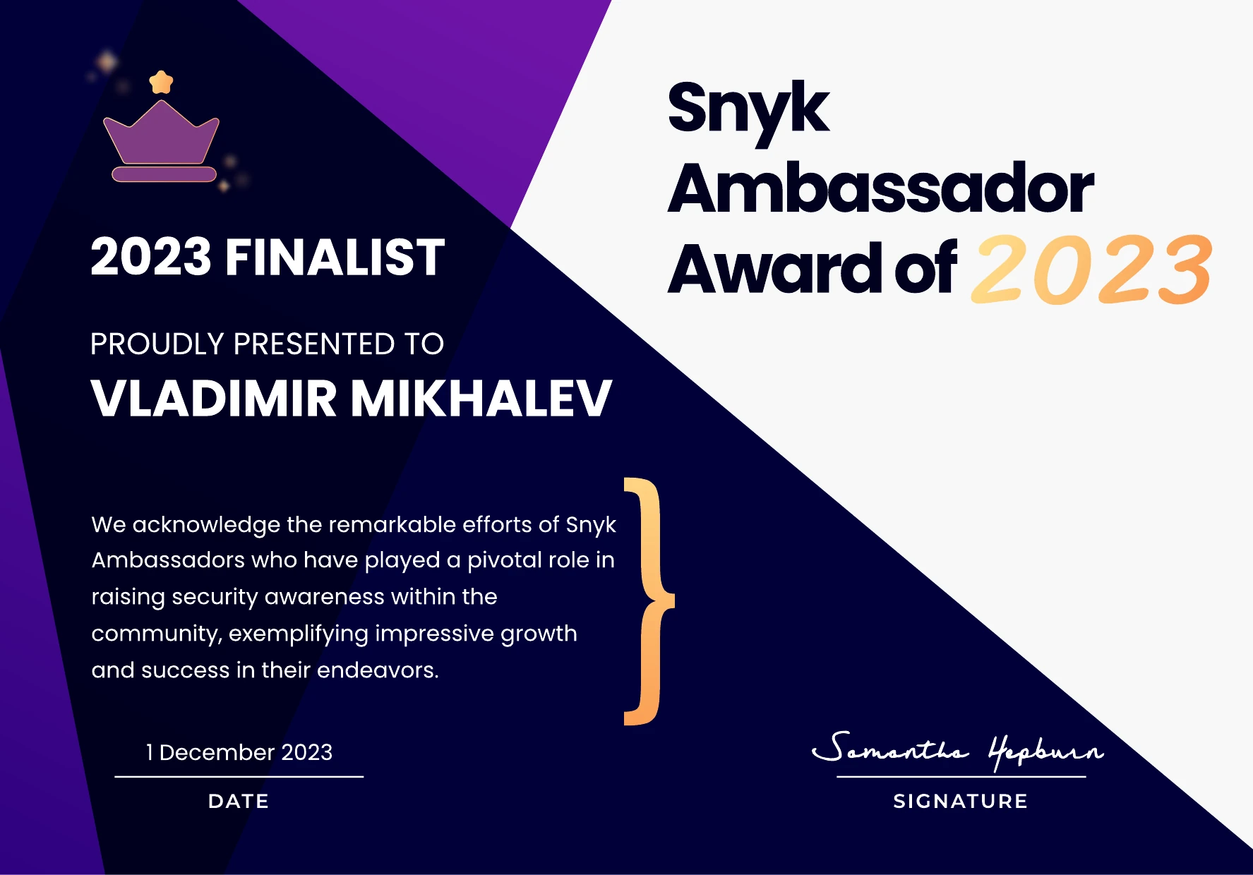Vladimir Mikhalev - Snyk Ambassador Award Of 2023 - Certificate
