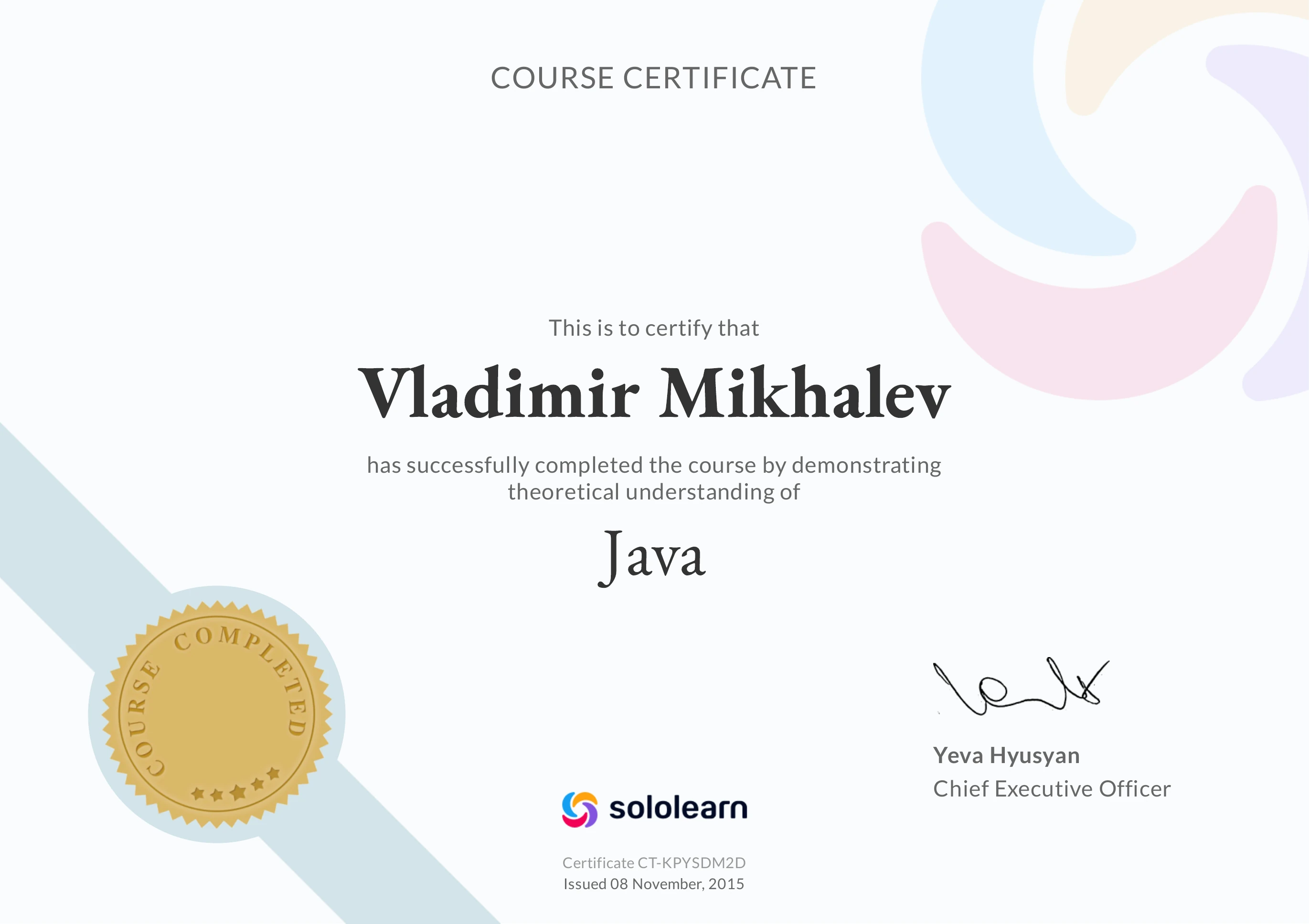 Vladimir Mikhalev - Sololearn Java - Certificate