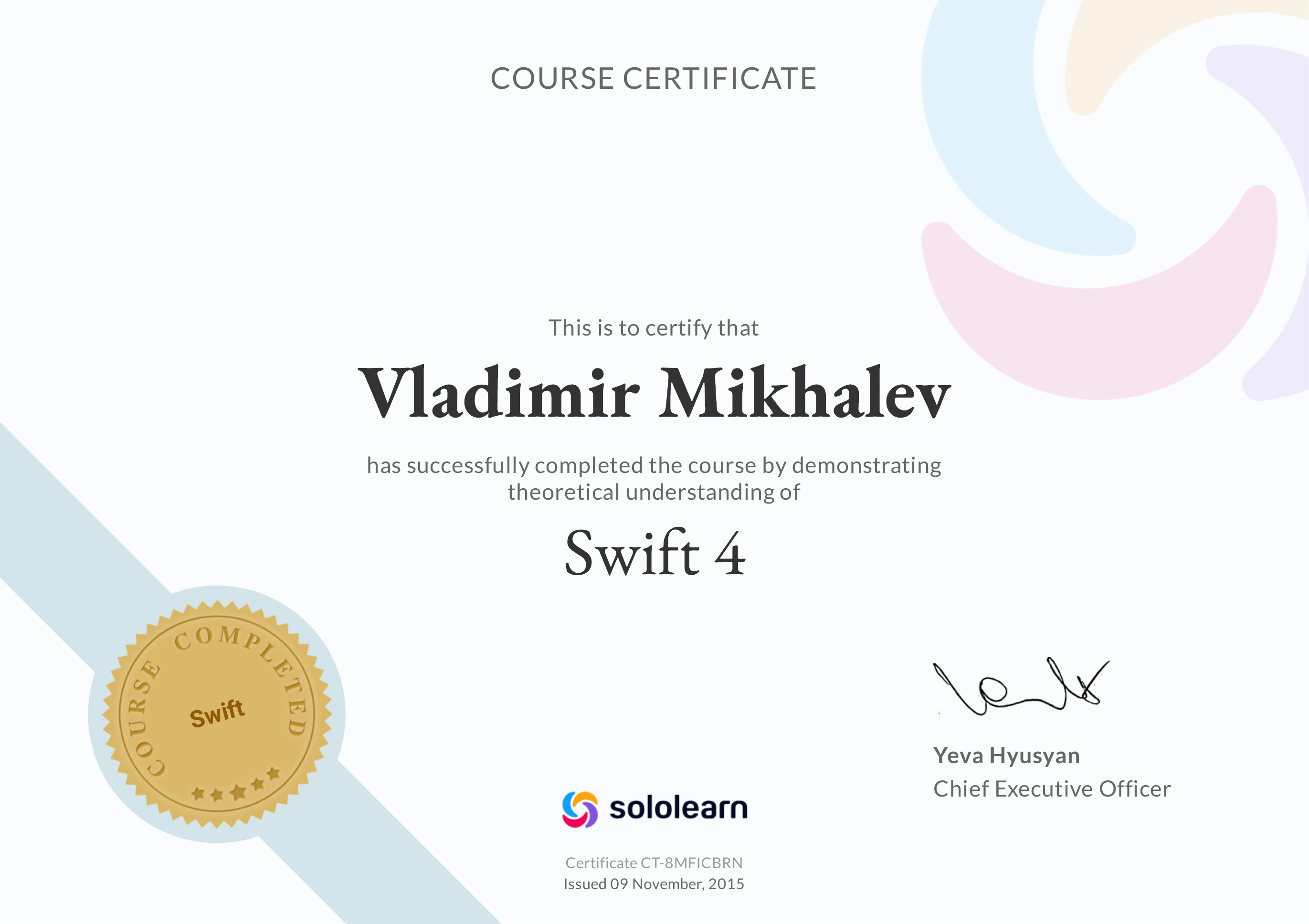 Vladimir Mikhalev - Sololearn Swift 4 - Certificate