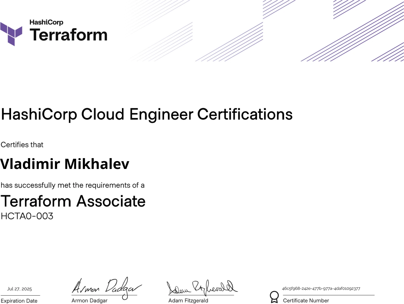 Vladimir Mikhalev - Terraform Associate - Certificate