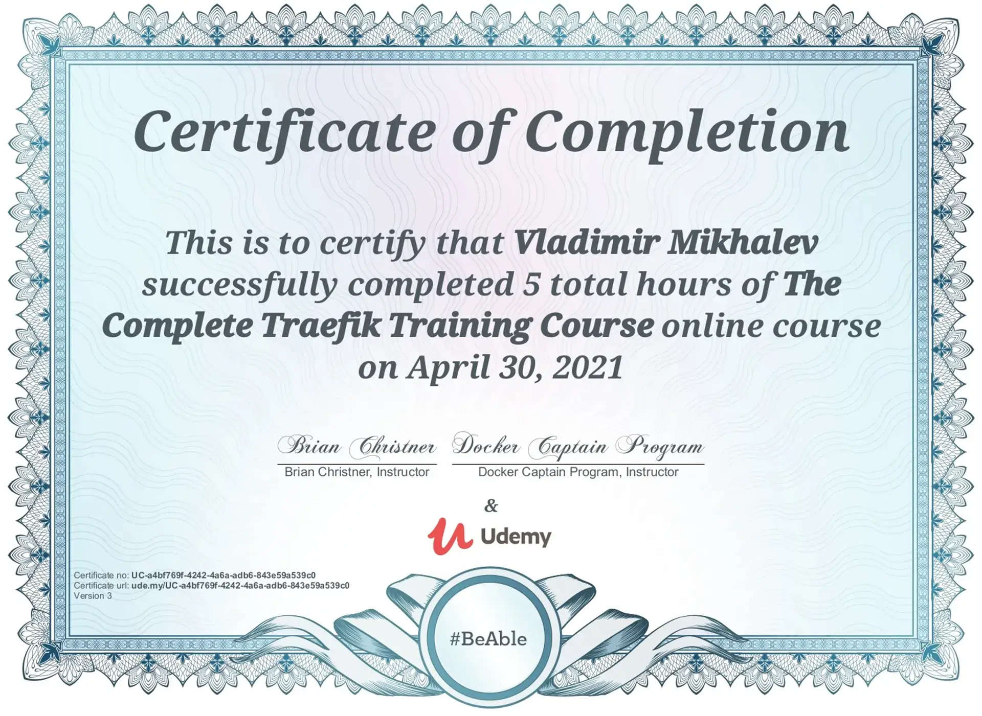 Vladimir Mikhalev - The Complete Traefik Training Course - Certificate